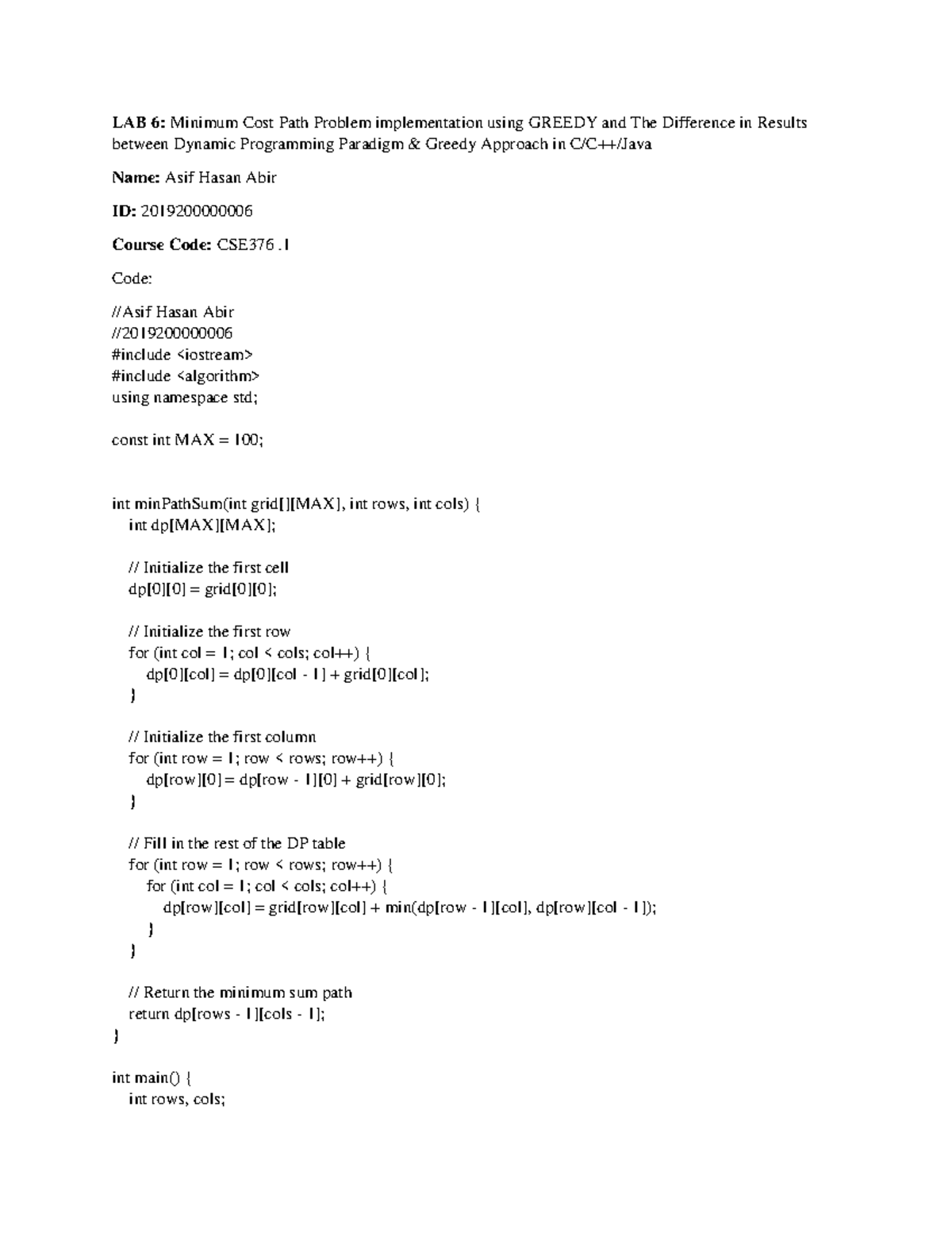 CSE376 - Lab 6: Implementing Minimum Cost Path Using Greedy & DP - Studocu