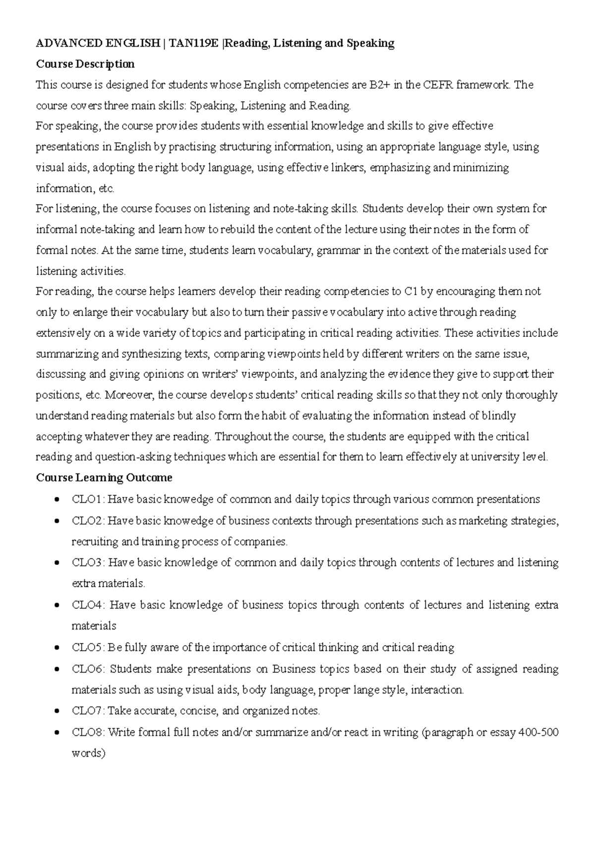 ADVANCED ENGLISH TAN119E Listening & Speaking Course Syllabus - Studocu