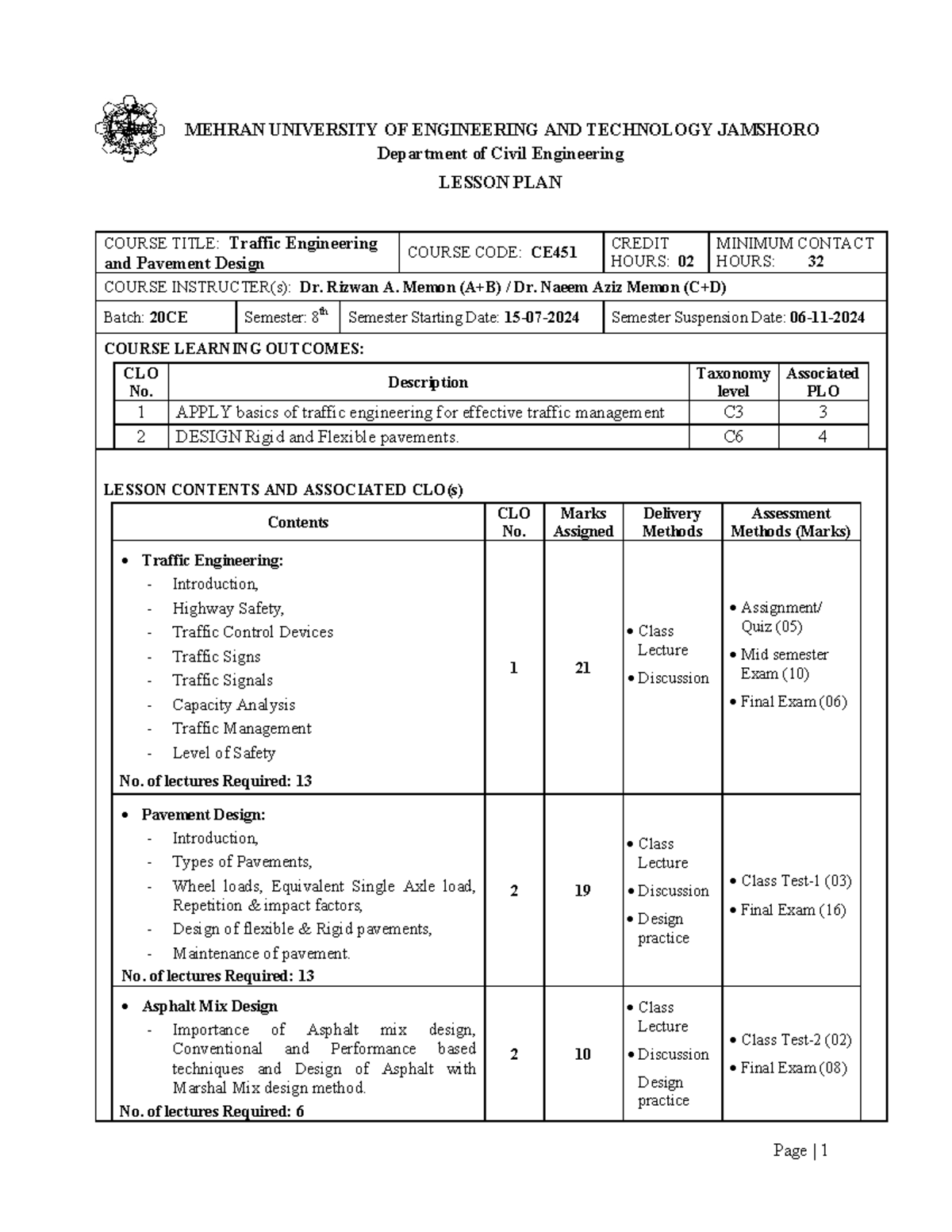 Lesson Plan: Traffic Engg & Pavement Design CE (20CE) - Studocu