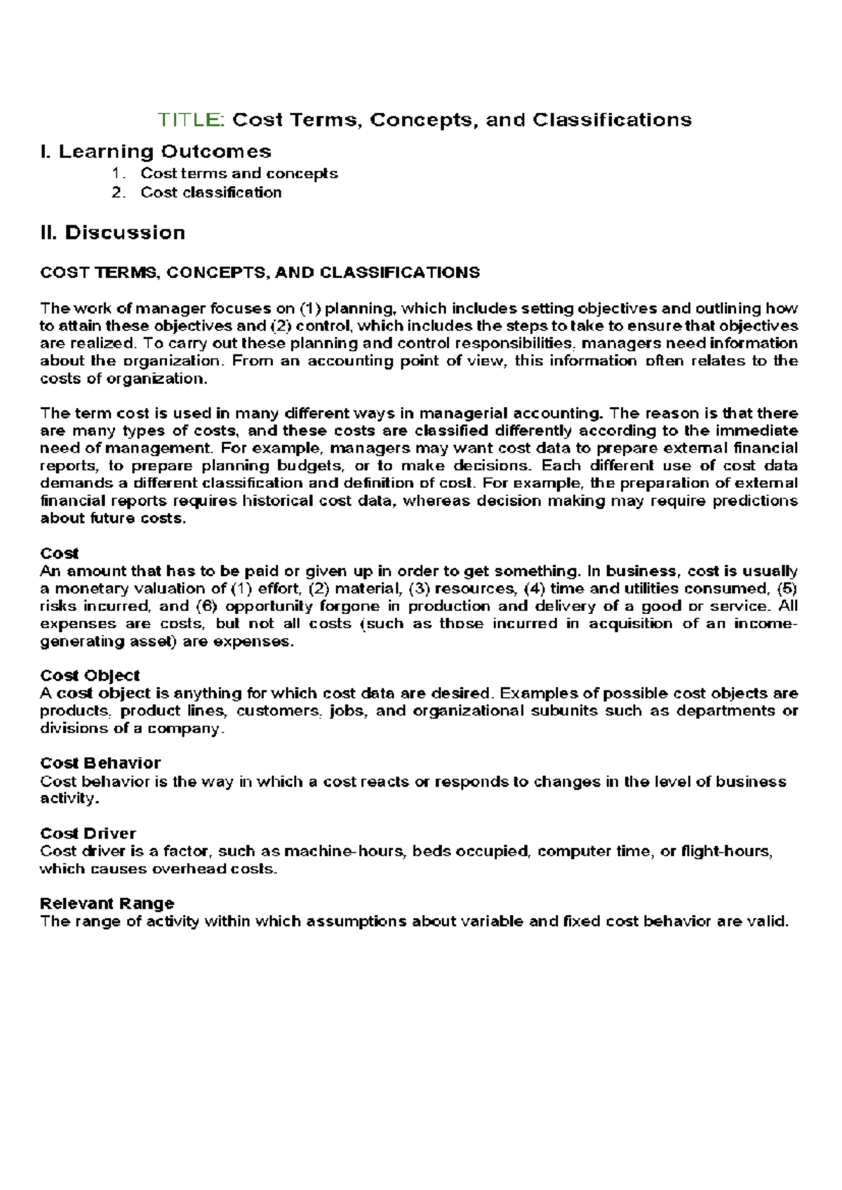 Cost Terms Concepts and Classifications Module - Fundamentals of ...