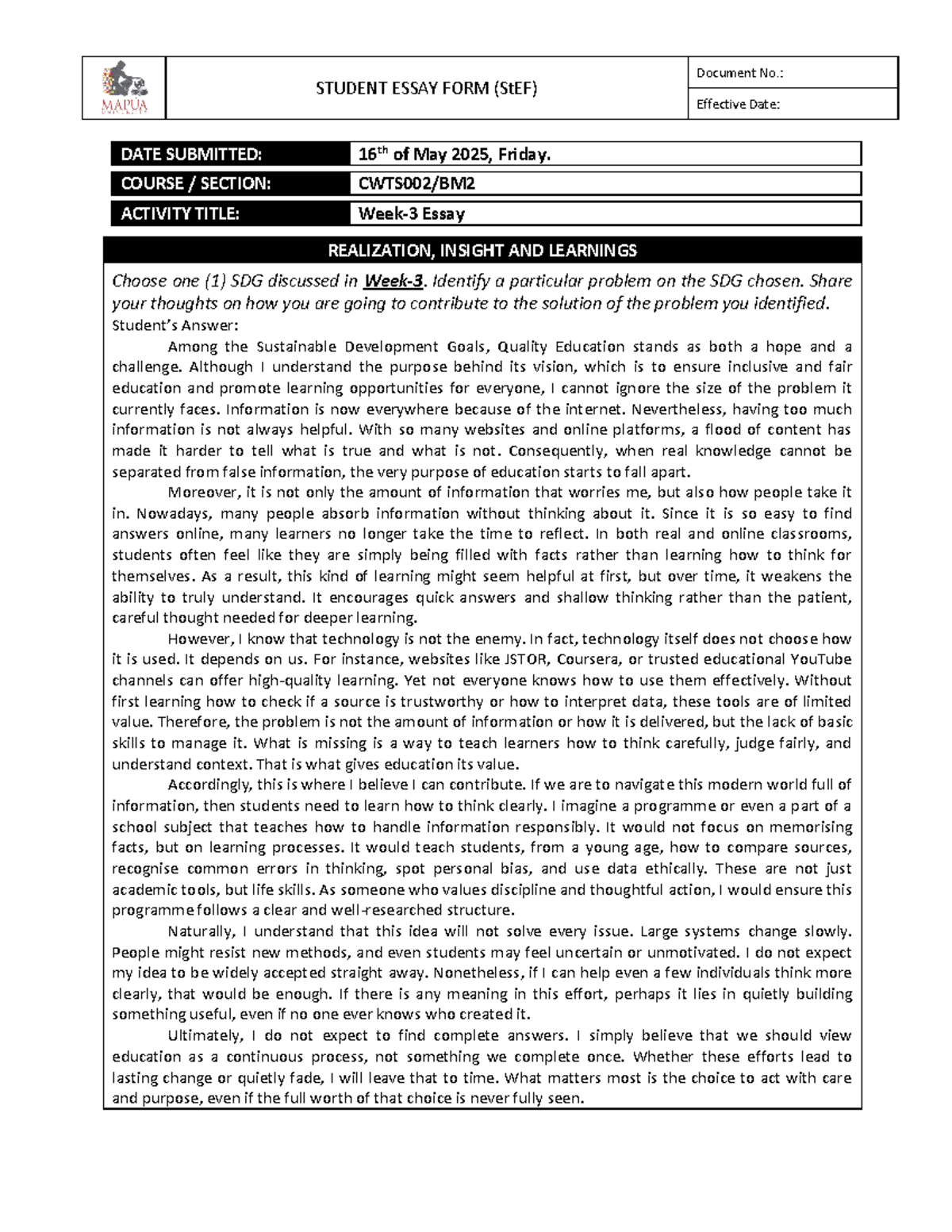 CWTS002-BM2-E3 Essay: Realization, Insight, and Learnings on Quality ...