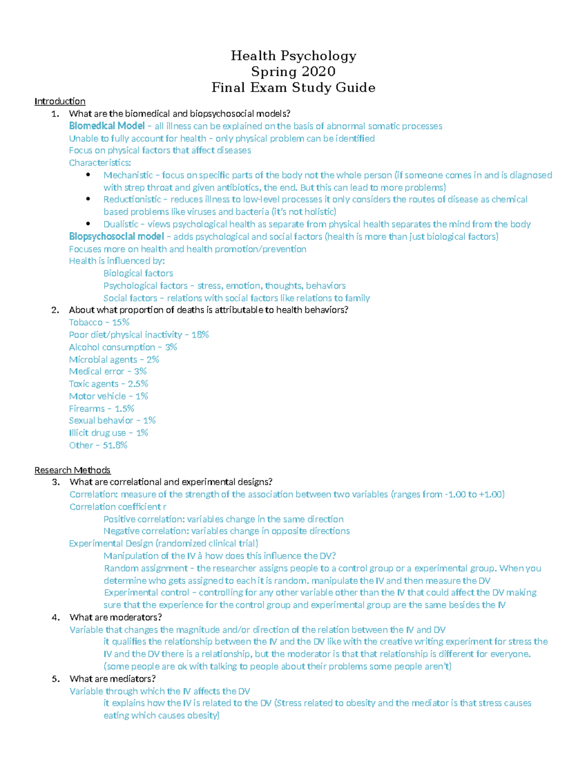 Health Psychology Final Exam Study Guide - Health Psychology Spring ...