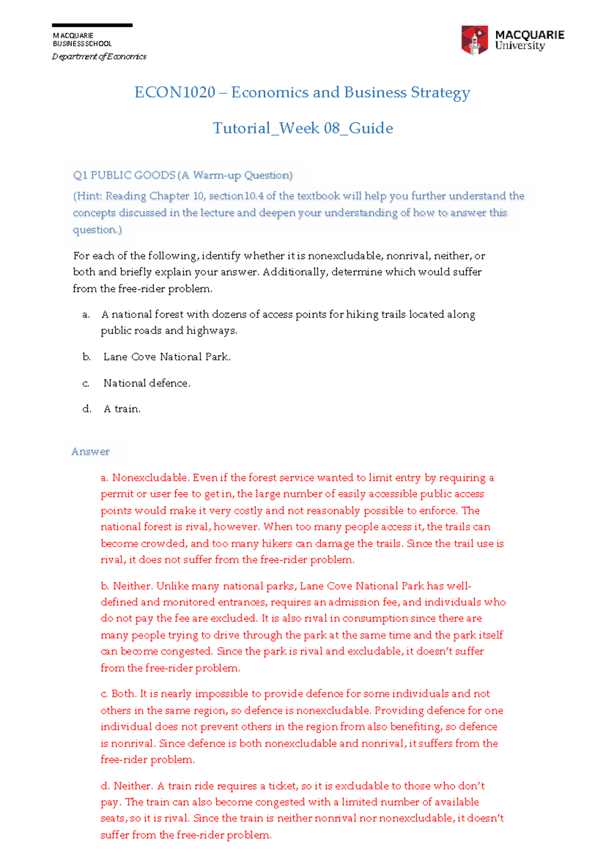 ECON1020 Week 08 Tutorial Guide: Public Goods & Externalities Analysis ...