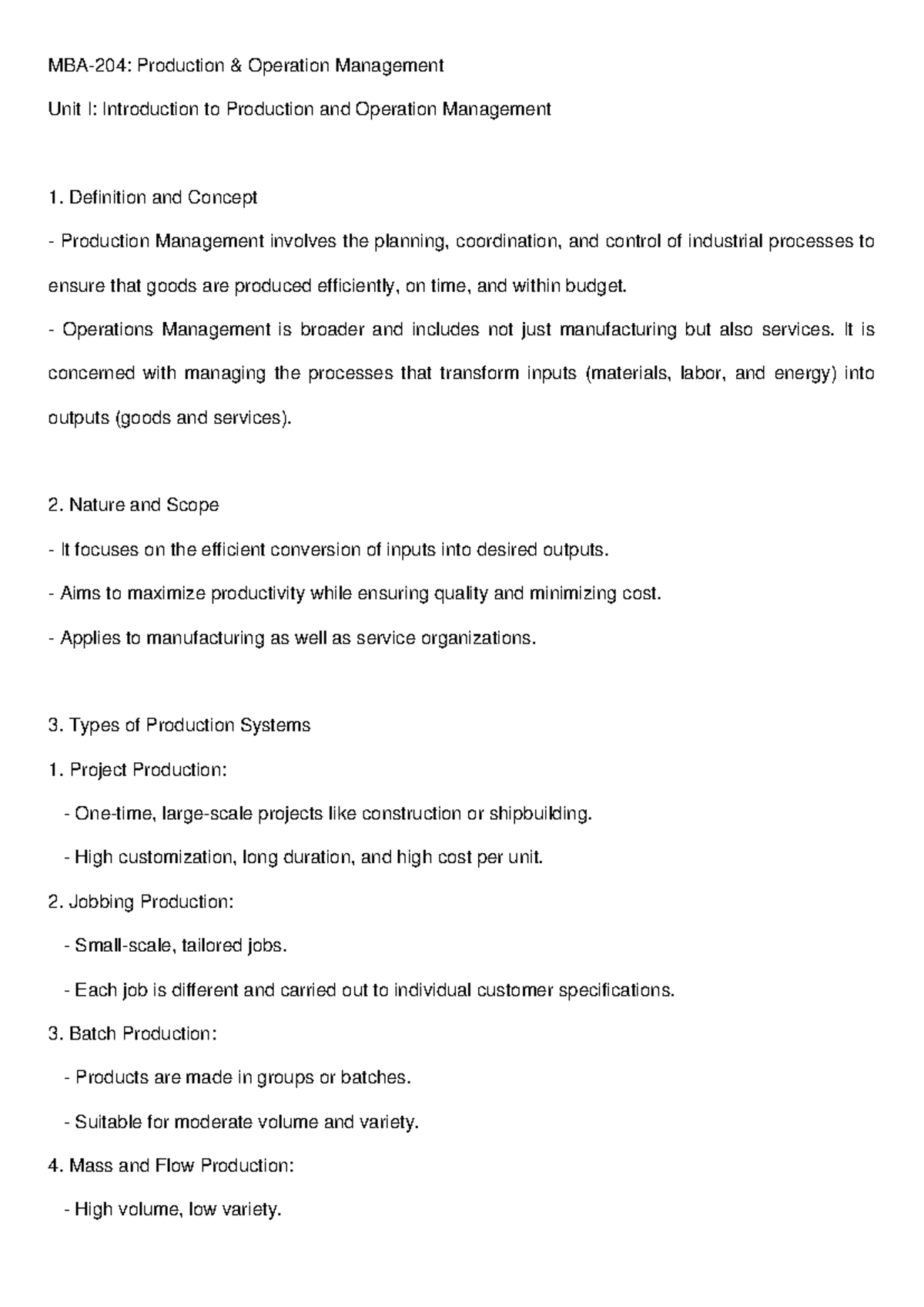 MBA204 Unit 1: Intro to Production & Operations Management Notes - Studocu