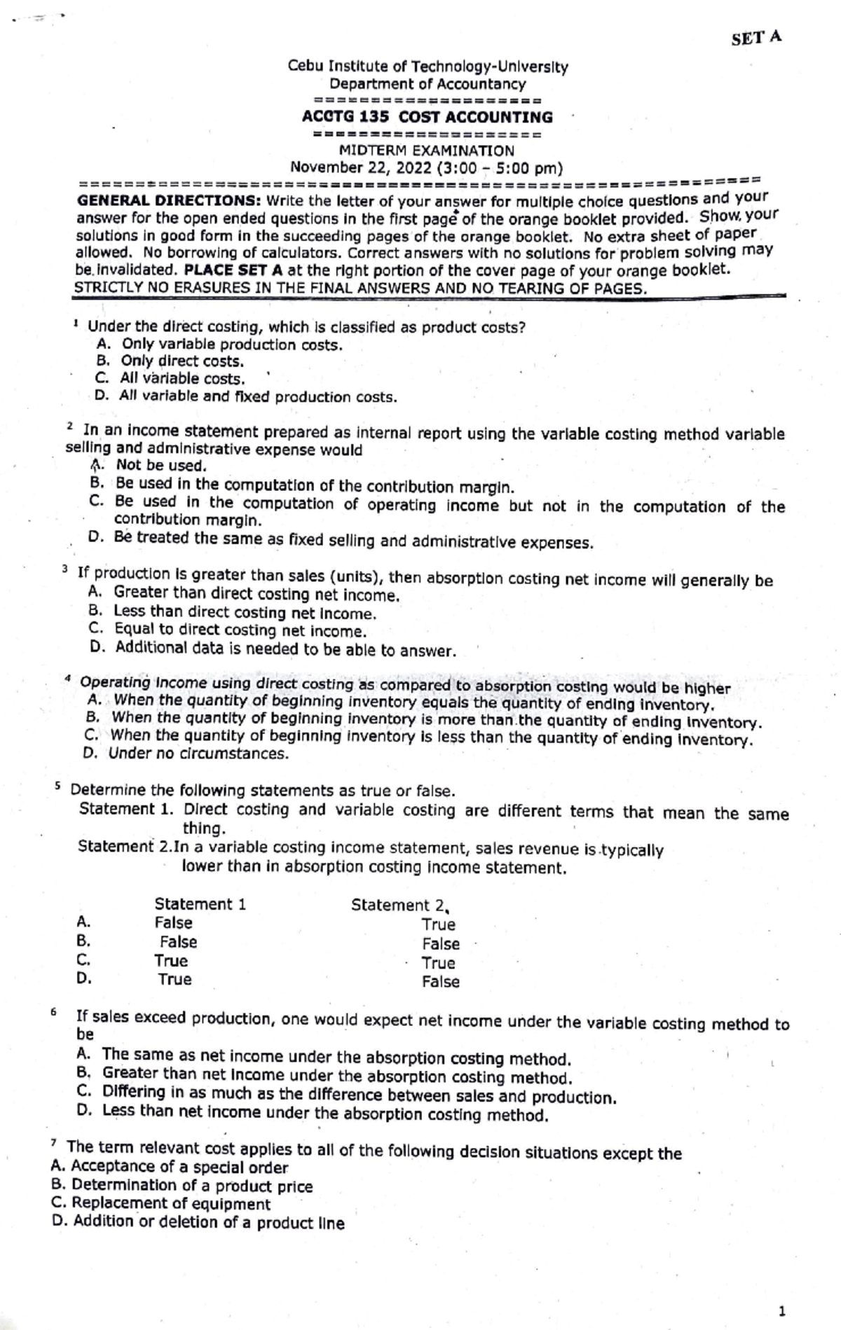 Cost acc midterm exam - Bachelor of Science in Accountancy - Studocu