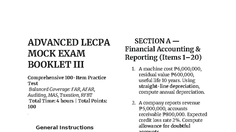 Lecpa Reviewe (75) - ADVANCED LECPA MOCK EXAM BOOKLET III Comprehensive ...