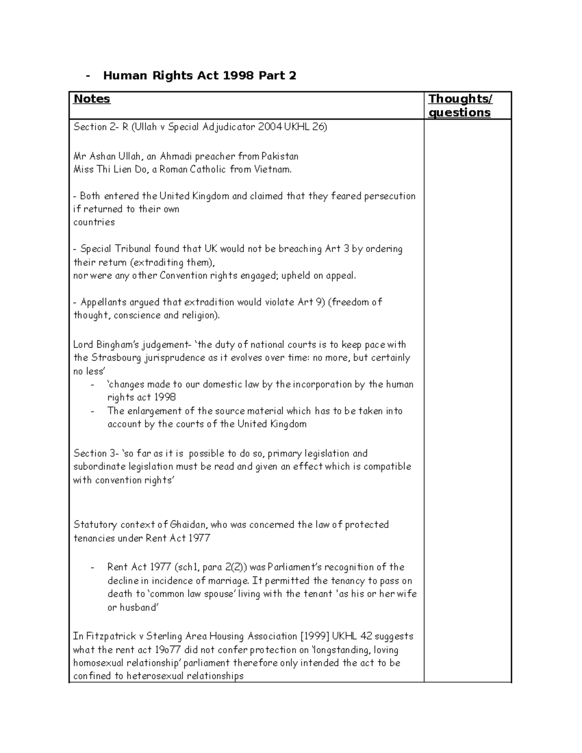 Lecture 7- Human rights p - Human Rights Act 1998 Part 2 Notes Thoughts ...