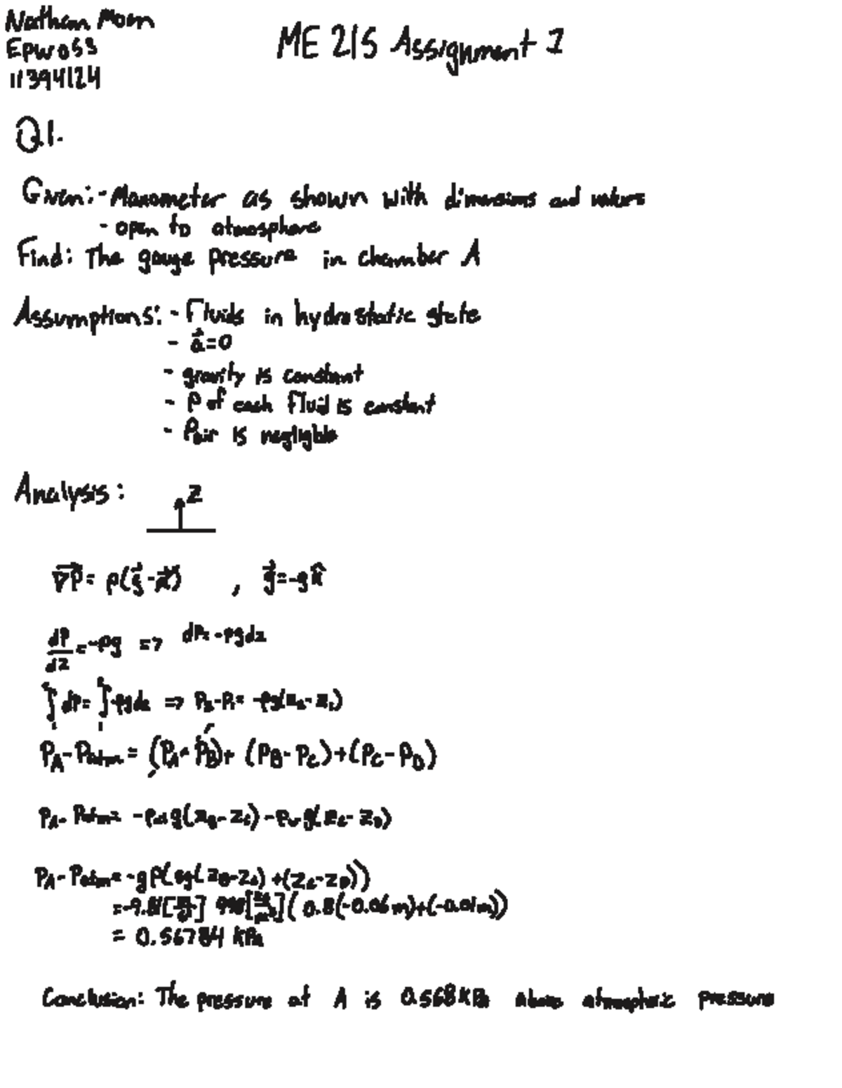 ME 215 Assignment I: Fluid Pressure Analysis and Calculations - Studocu