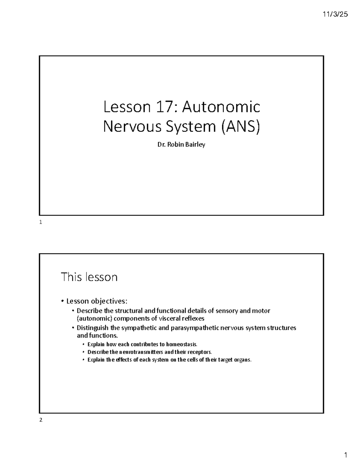 Lesson 17: Autonomic Nervous System (ANS) Overview and Functions - Studocu