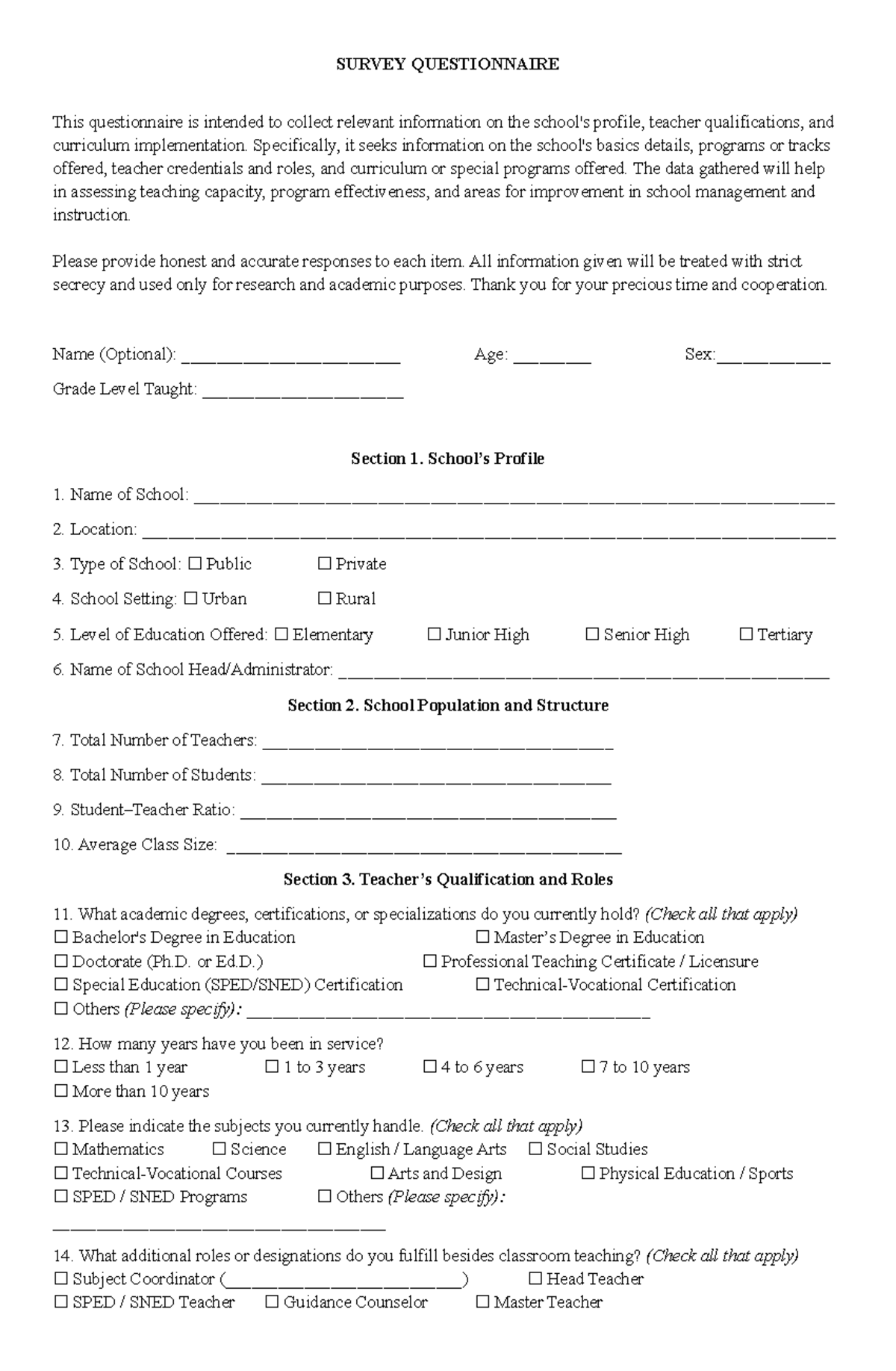 Teacher Qualifications and Curriculum Implementation Survey (CR) - Studocu