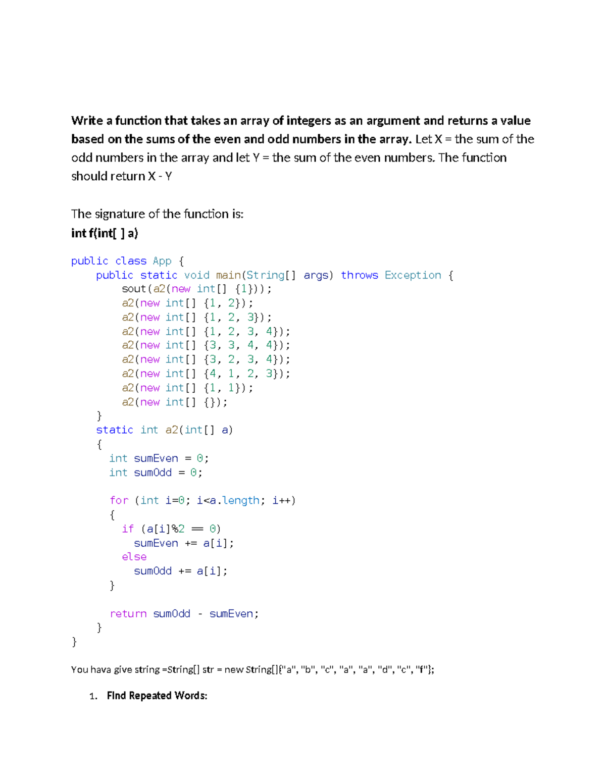 Array Questions - CSUT: Function for Even and Odd Sums - Studocu