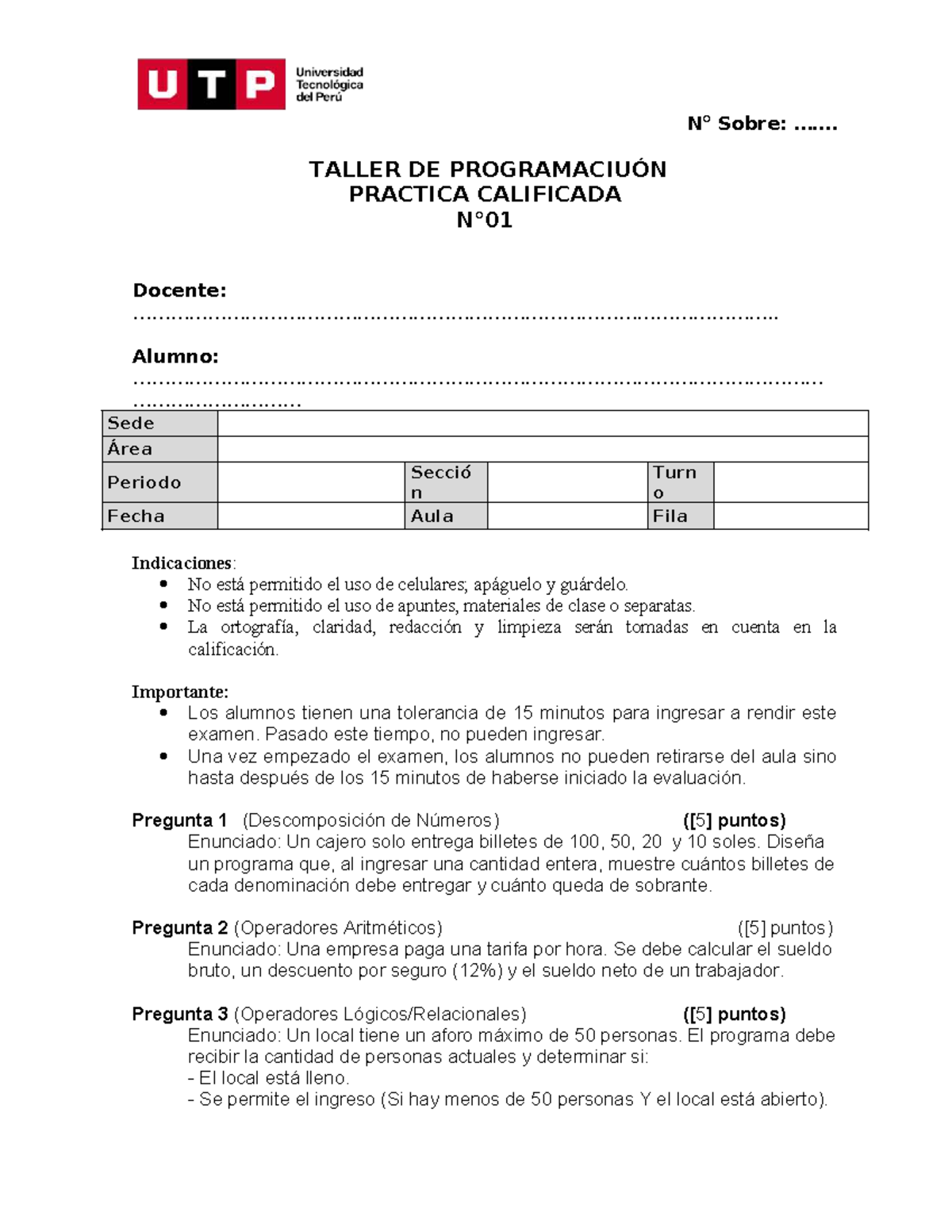 PC1: Taller de Programación Práctica Calificada UTP - Studocu