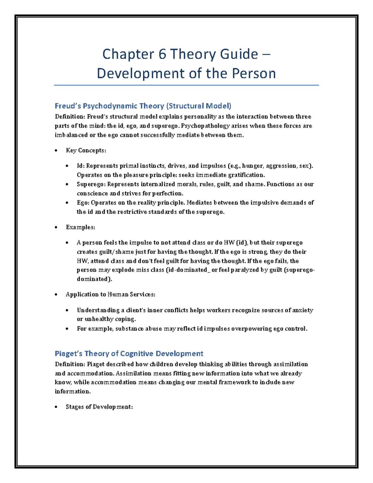 Chapter 6 Theory Guide: Psychodynamic, Cognitive, and Moral Development ...