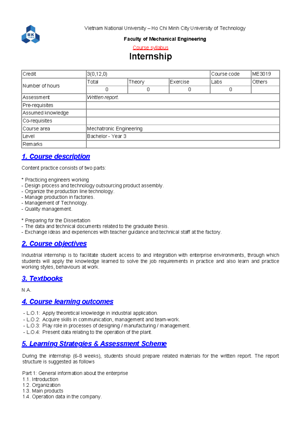 39 - ME3019 - Internship Syllabus for Mechanical Engineering Students ...