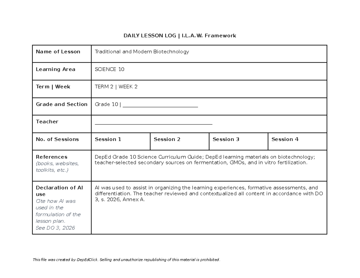 Grade 10 Science Term 2 Week 2 DLL: Traditional & Modern Biotechnology ...