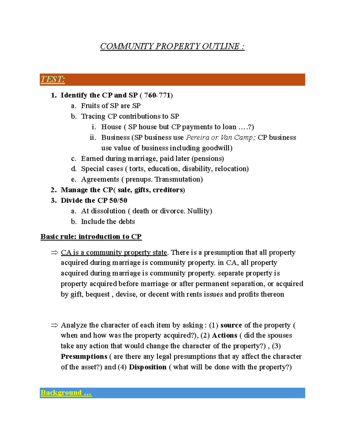COMMUNITY PROPERTY OUTLINE: Key Concepts and Legal Framework (CP) - Studocu