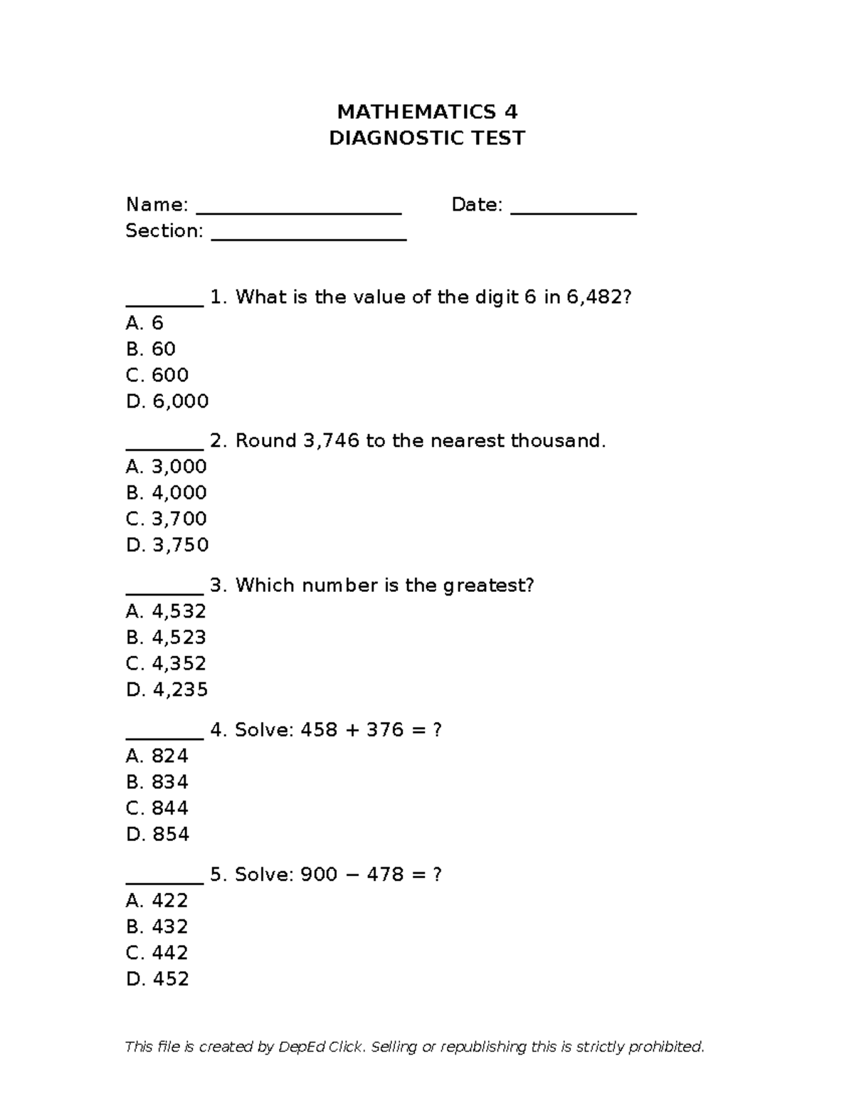 MATHEMATICS 4 DIAGNOSTIC TEST - GRADE 4 MATH ASSESSMENT - Studocu
