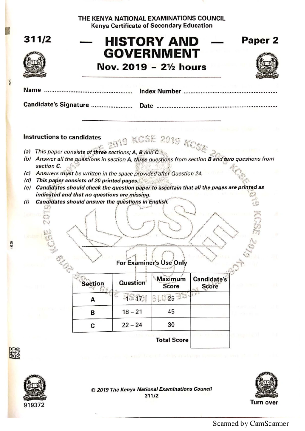 HIST 79 2107 79 KCSE 2019 HISTORY & GOVERNMENT Paper 1 Marking Scheme ...