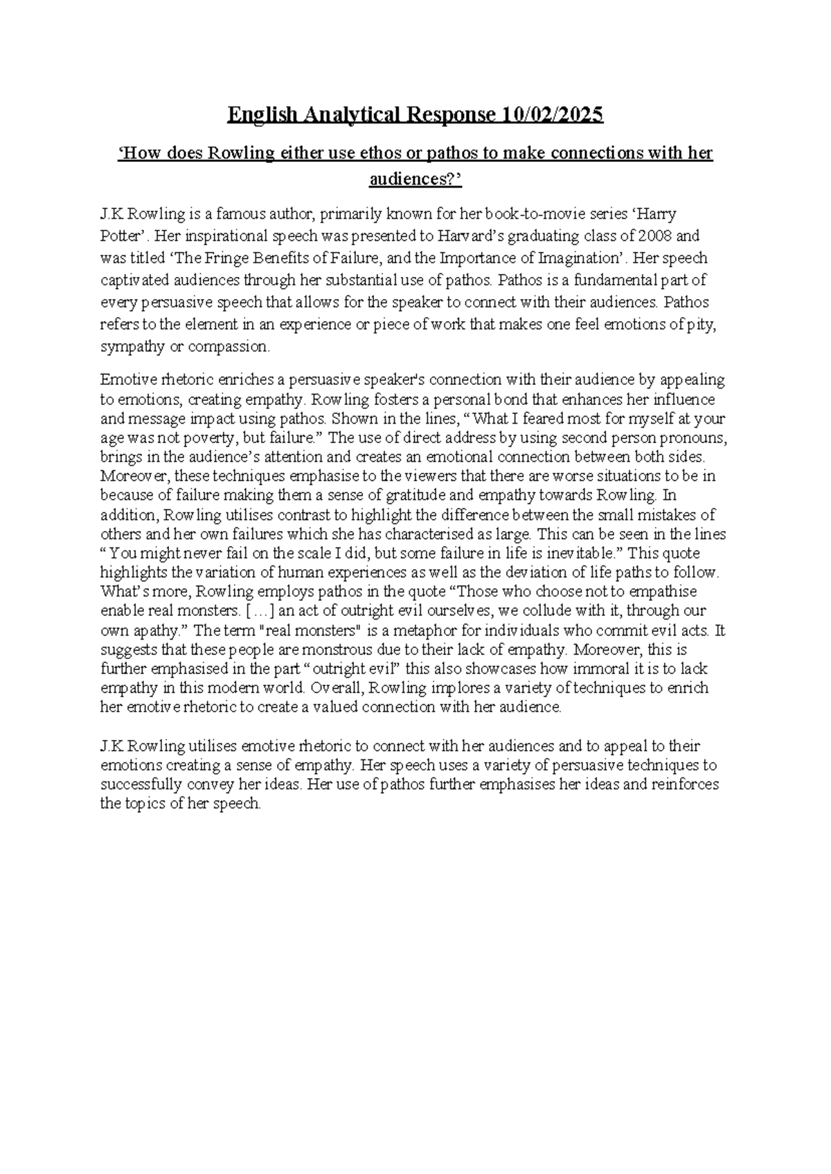 English Analytical Response 10 - Her inspirational speech was presented ...