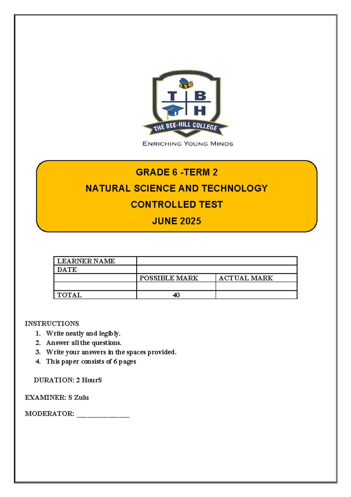 Grade 6 NST Term 2 Controlled Test June 2025 - Natural Science & Tech ...