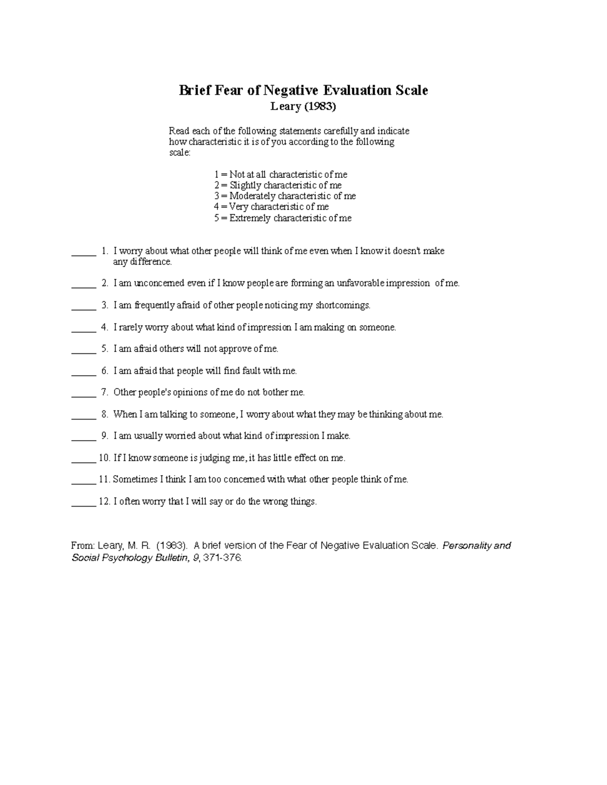 Brief Fear of Negative Evaluation Scale (Leary, 1983) Questionnaire ...