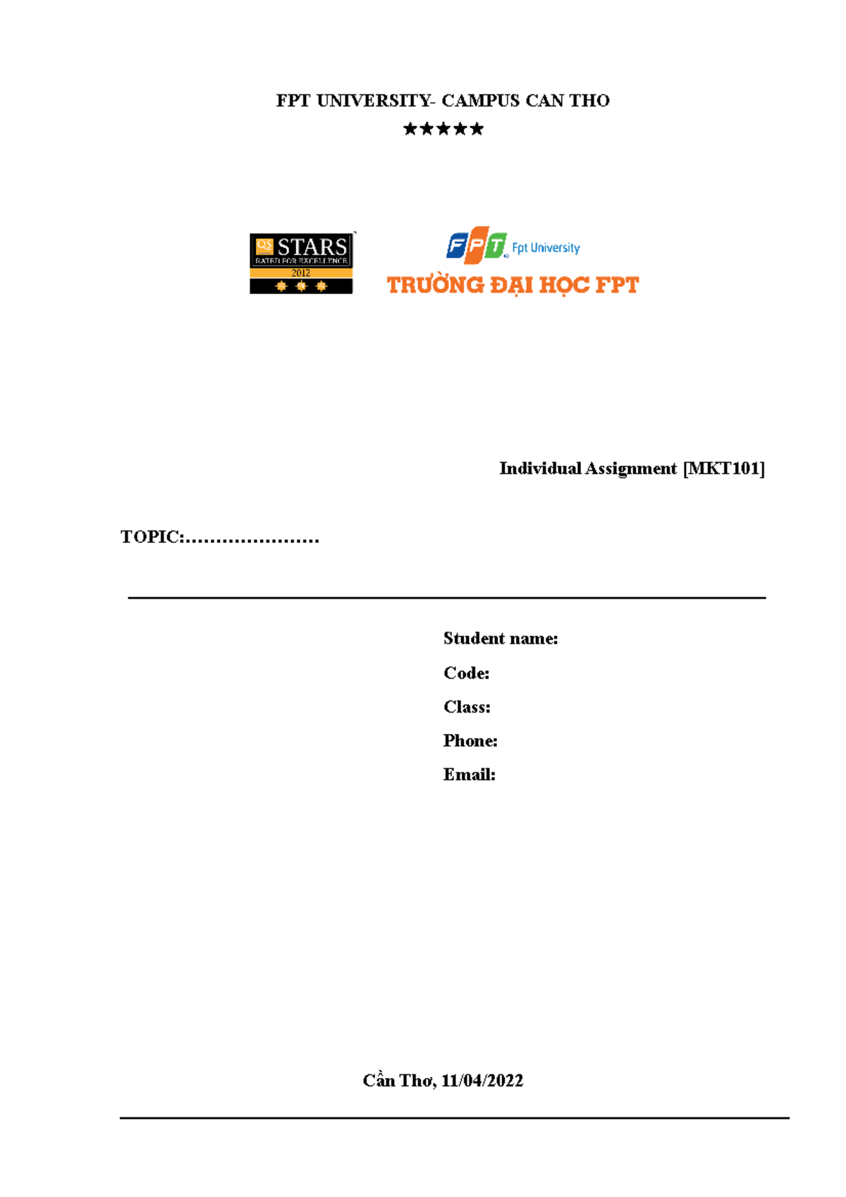 Individual Assignment [ MKT101 ] - FPT UNIVERSITY- CAMPUS CAN THO ...