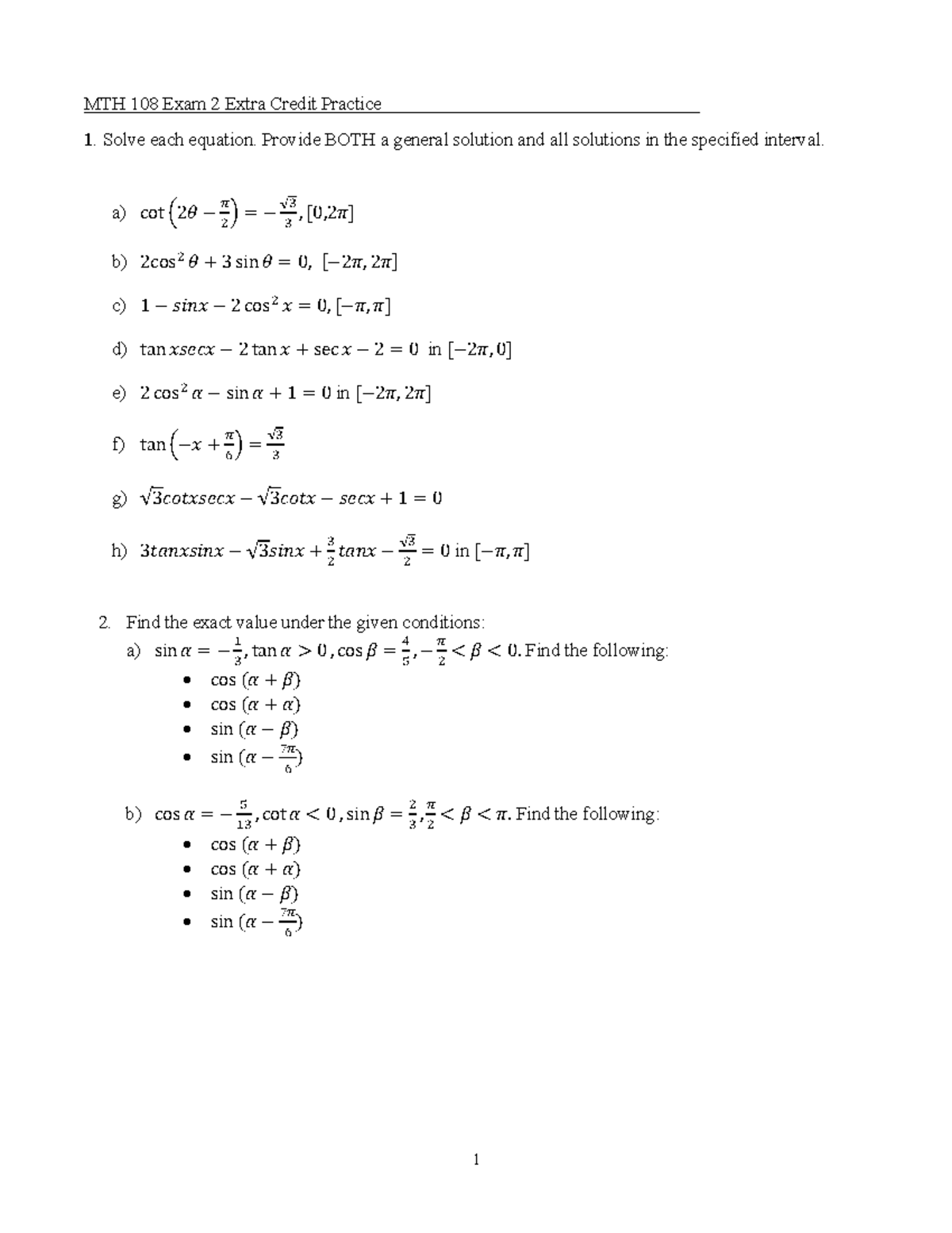 MTH 108 Exam 2 Extra Credit Practice Problems and Solutions - Studocu