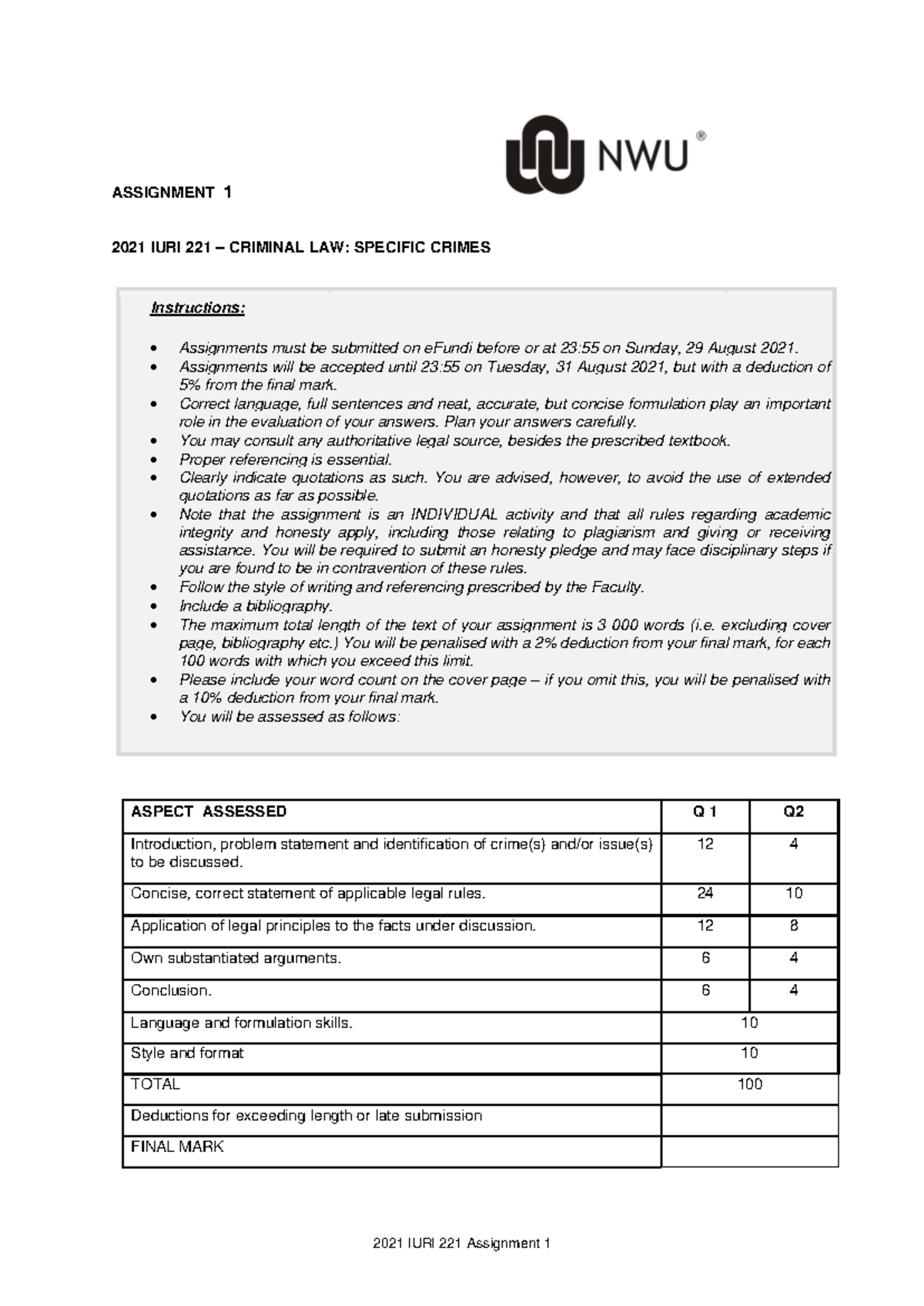 2021 IURI 221 Criminal Law Assignment 1 Guidelines - Studocu