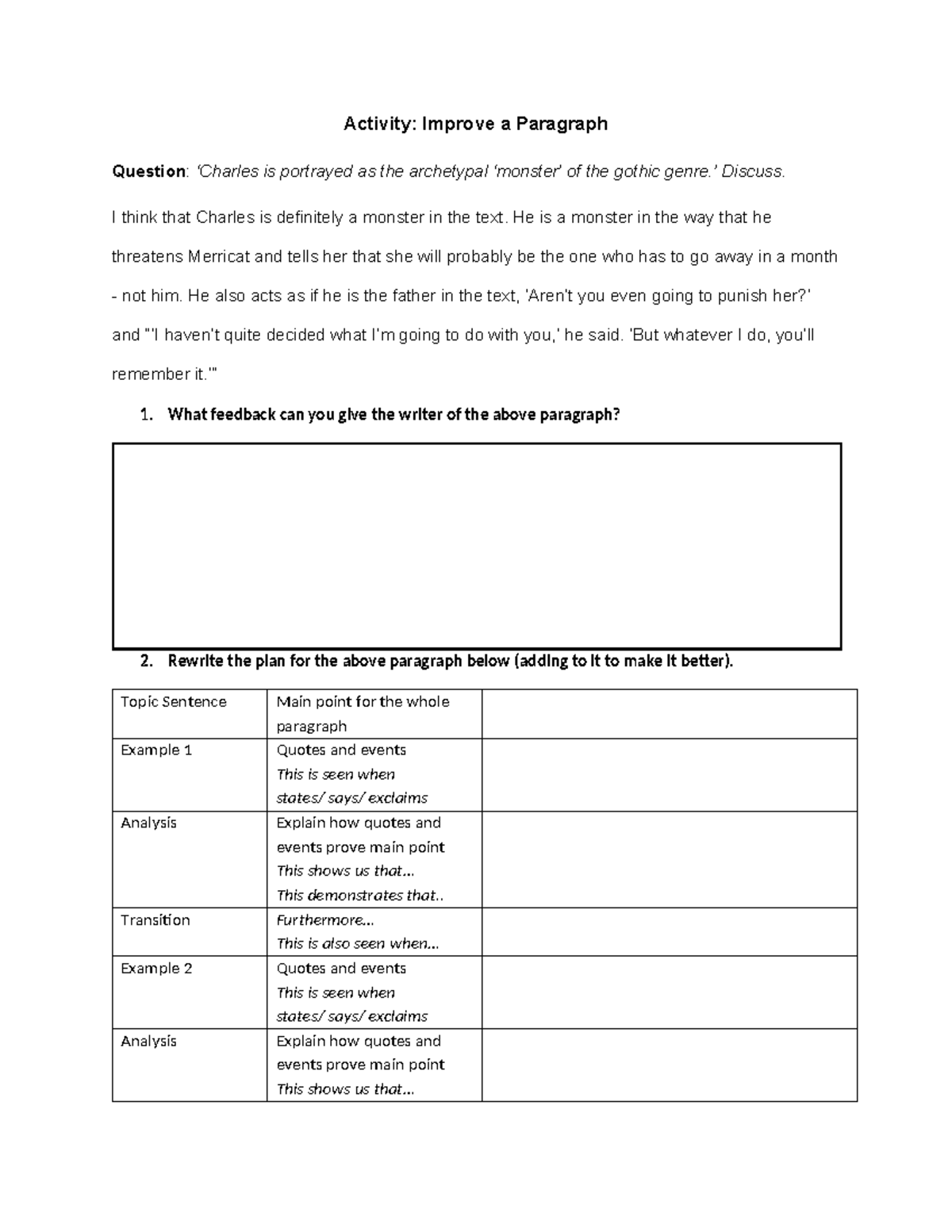 Activity: Improve a Paragraph - Gothic Archetypes Analysis - Studocu