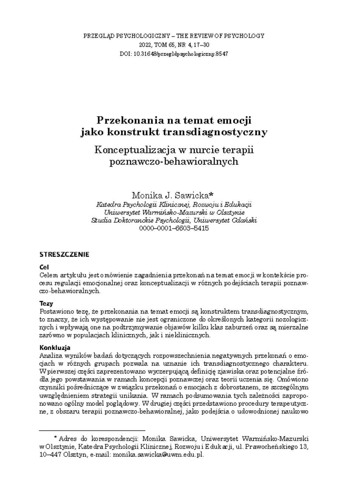 Przekonania na temat emocji w terapii: Konstrukt transdiagnostyczny ...