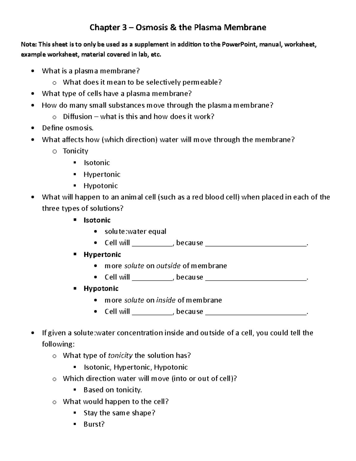 Chapter 3 - Osmosis & Plasma Membrane Study Guide - Studocu