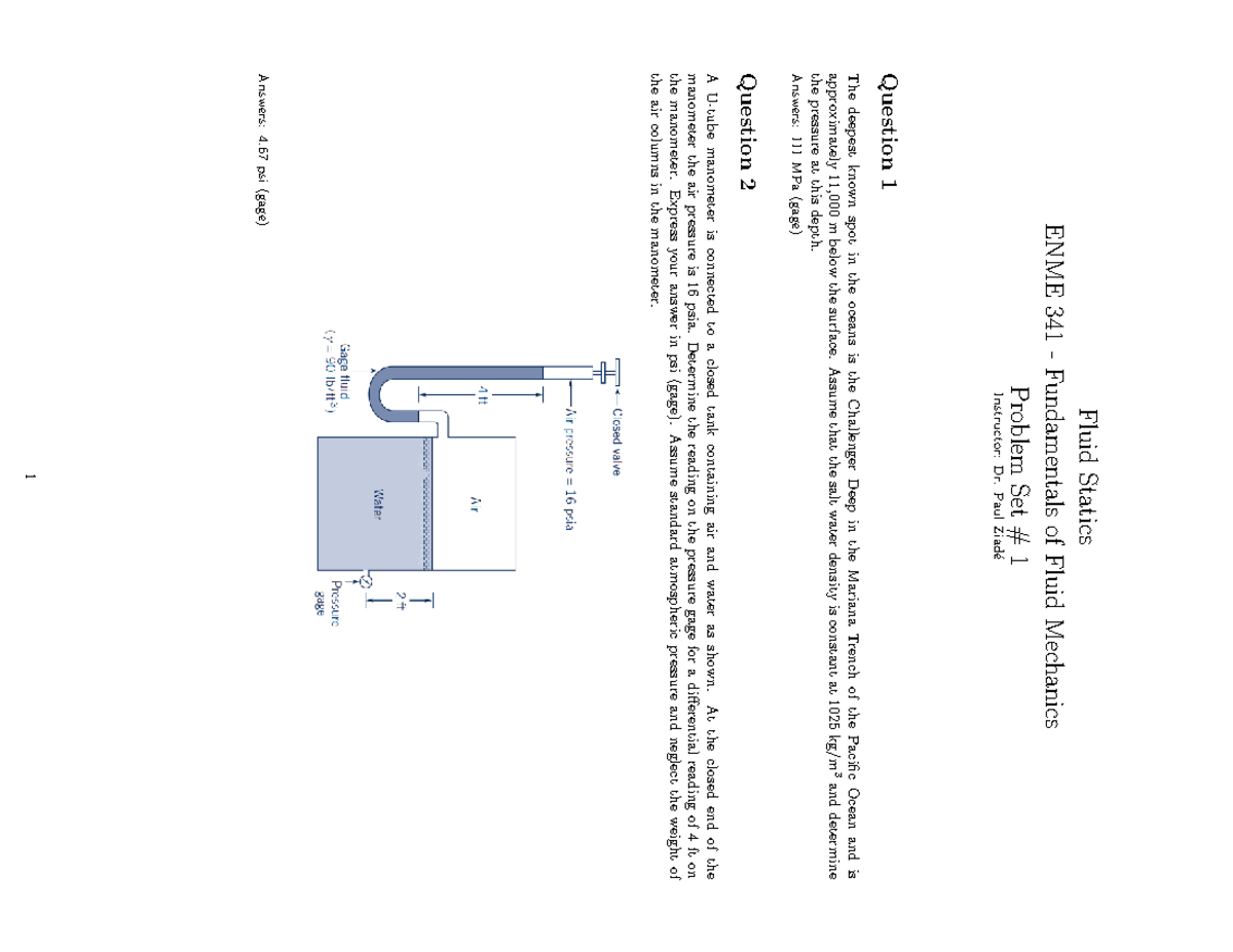 Fluid Statics Problem Set 1 Solutions ENME 341 - Studocu