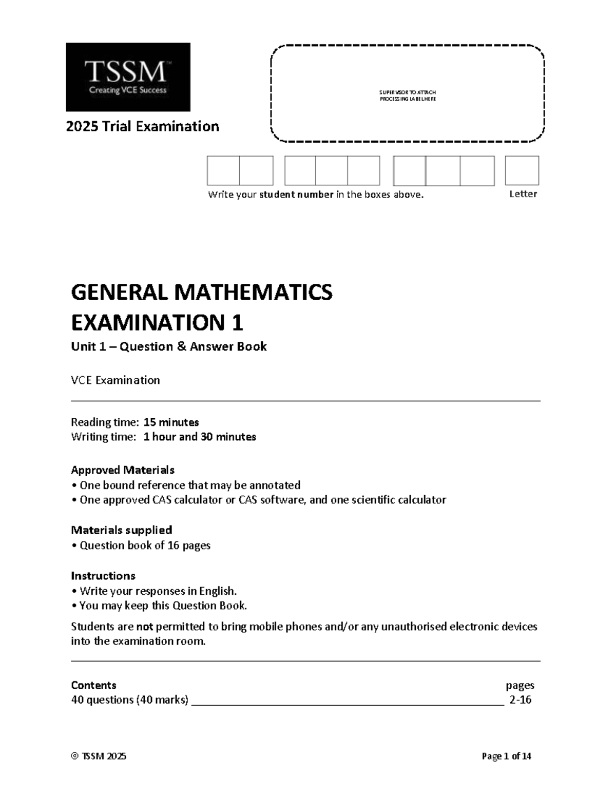 2025 VCE General Mathematics Unit 1 Trial Exam Question Book - Studocu