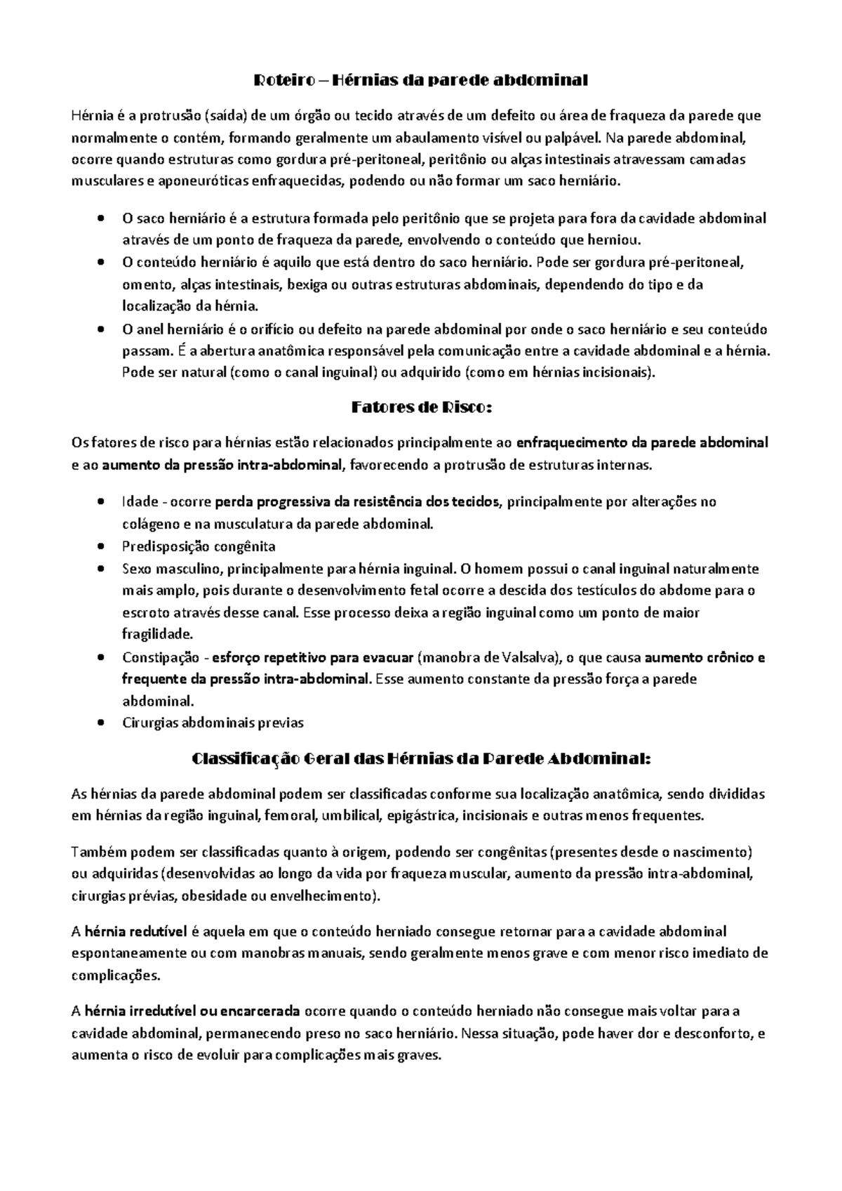 Roteiro de Estudo: Hérnias da Parede Abdominal - Anotações - Studocu