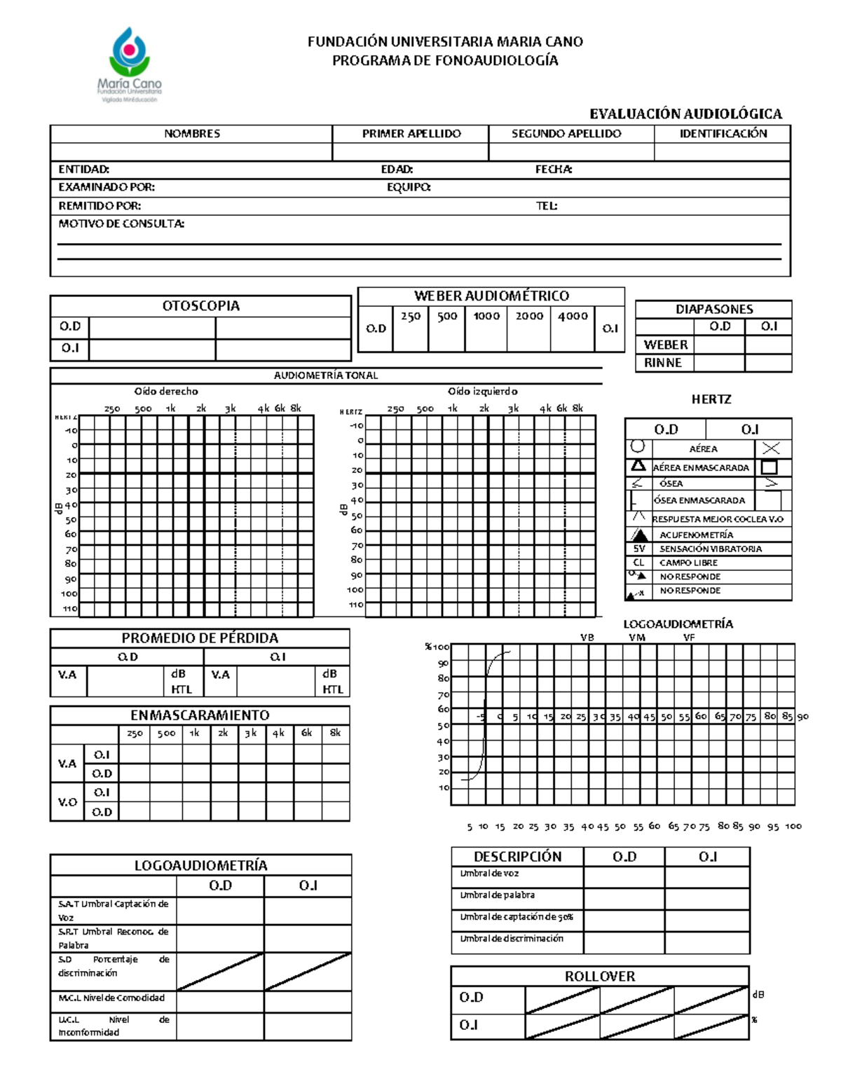 Formato de Evaluación Audiológica - Fonoaudiología - Univ. María Cano - Document Preview