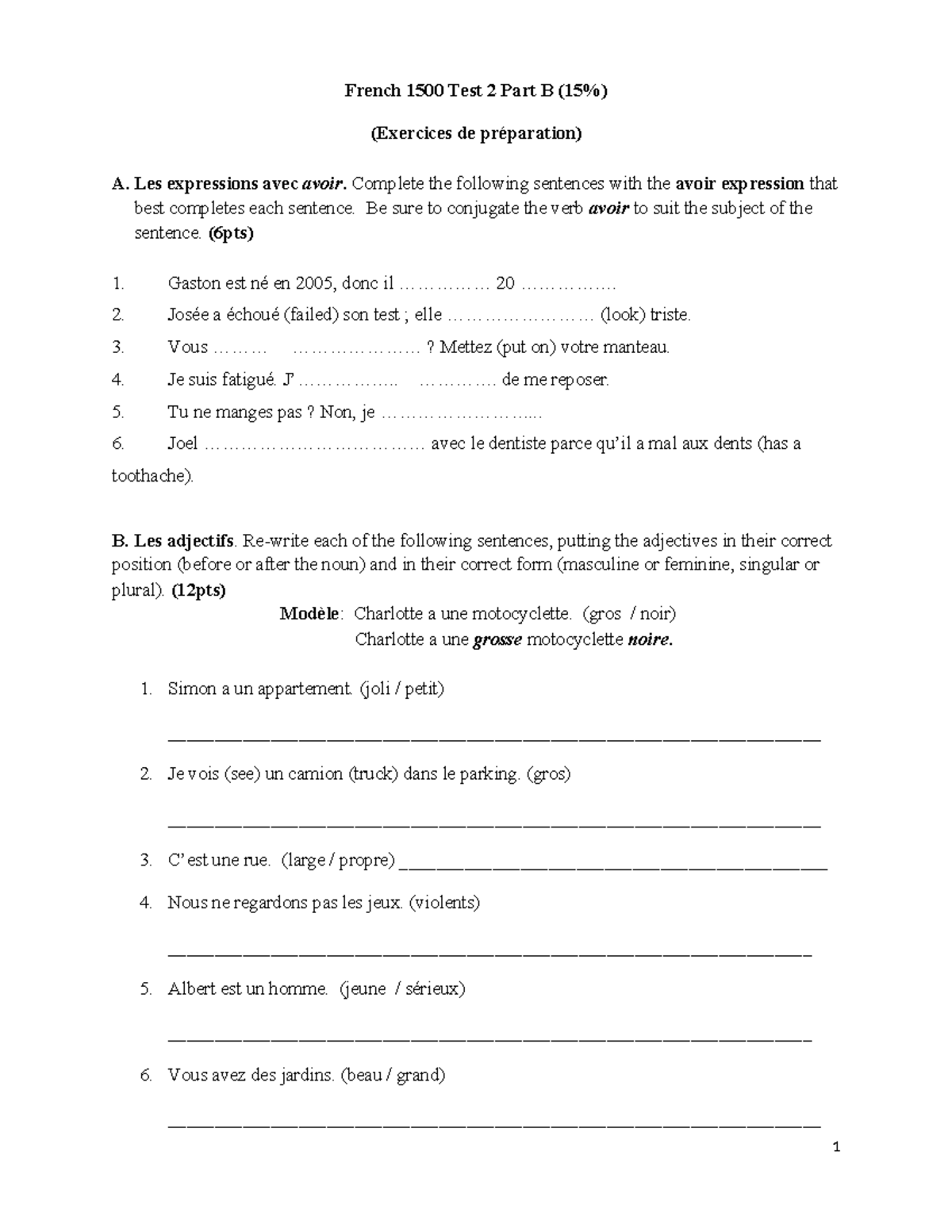 FREN 1500 Test 2 Part B (Préparation Exercices) - Studocu