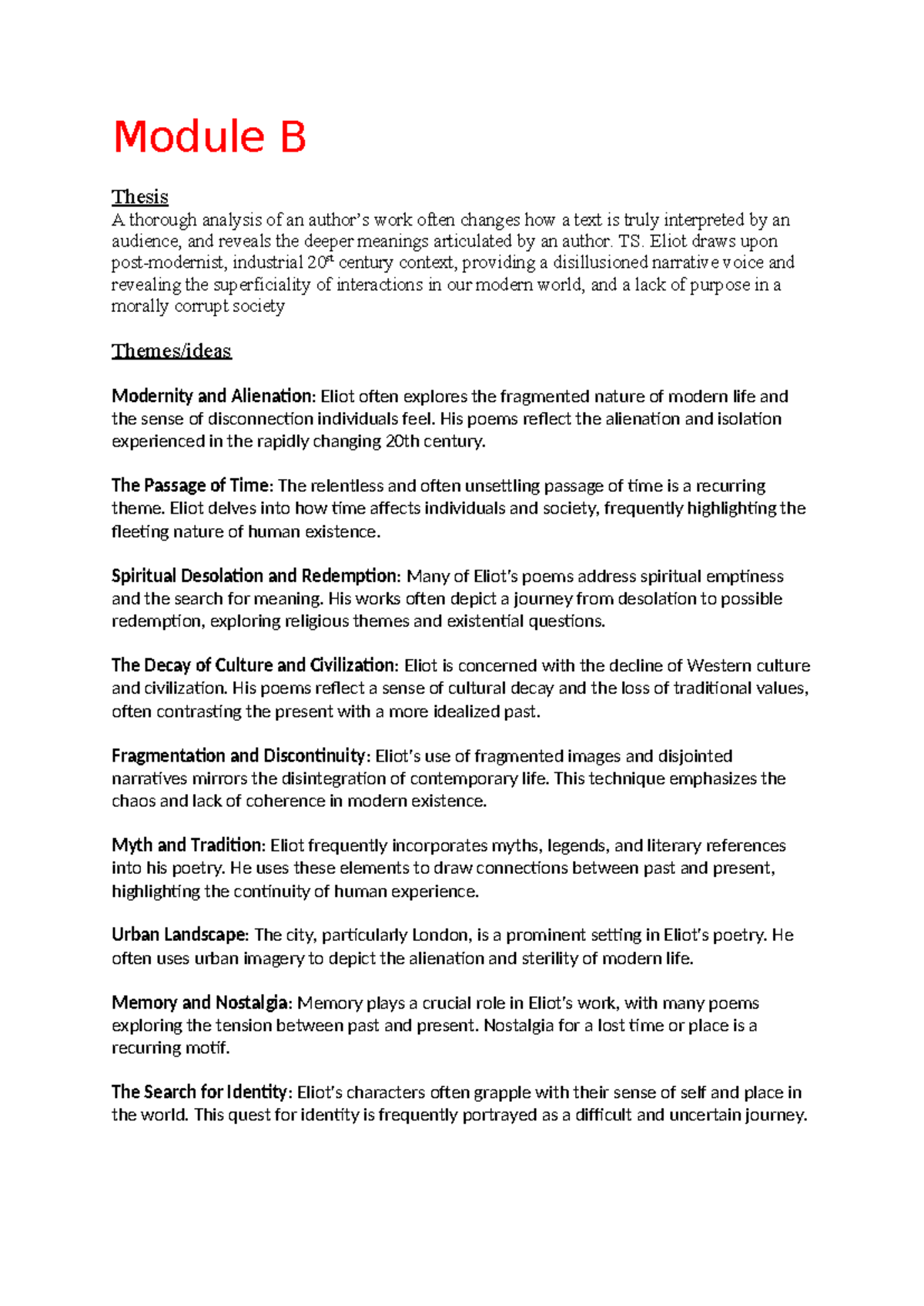 Module B notes - Module B Thesis A thorough analysis of an author’s ...