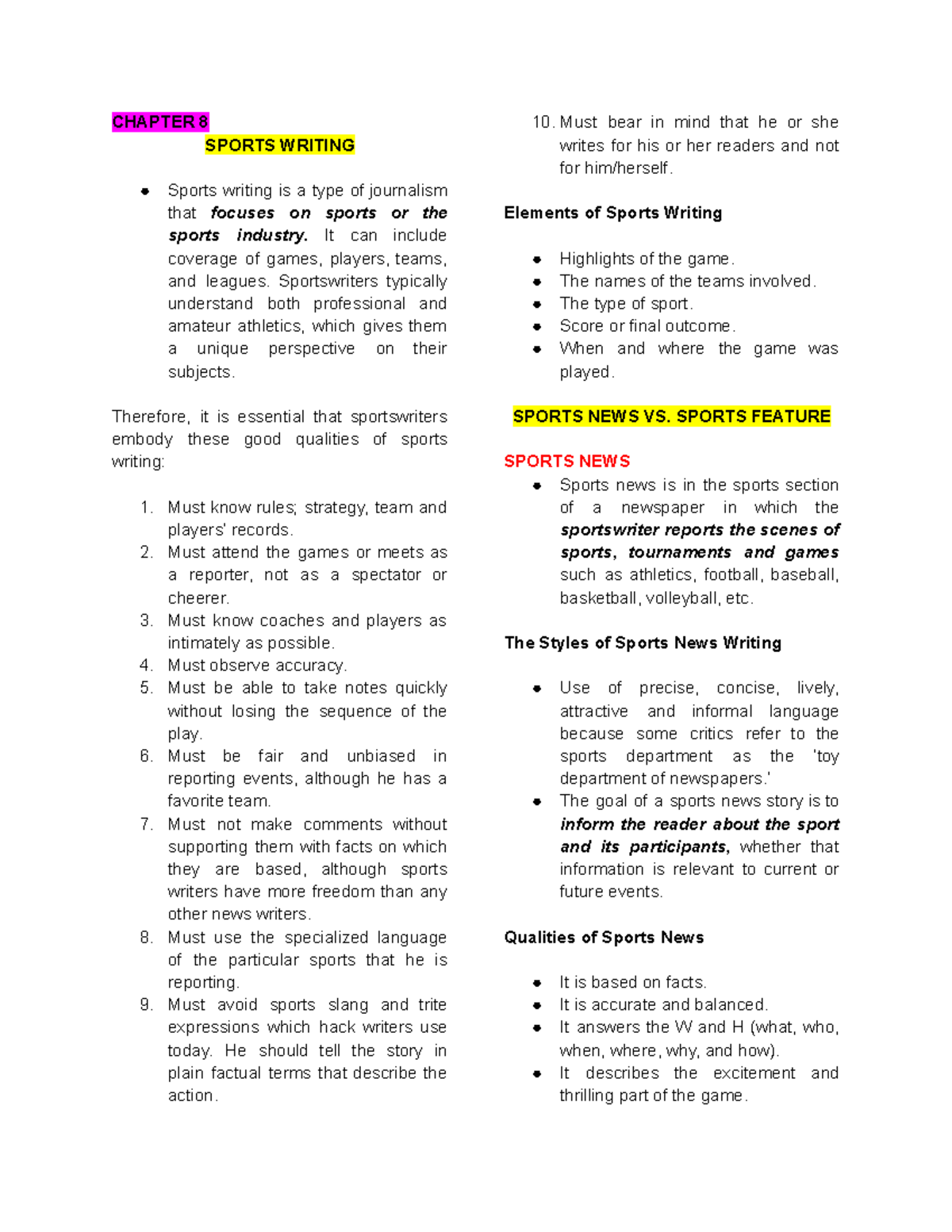 CHAPTER 8: SPORTS WRITING AND JOURNALISM PRINCIPLES - Studocu