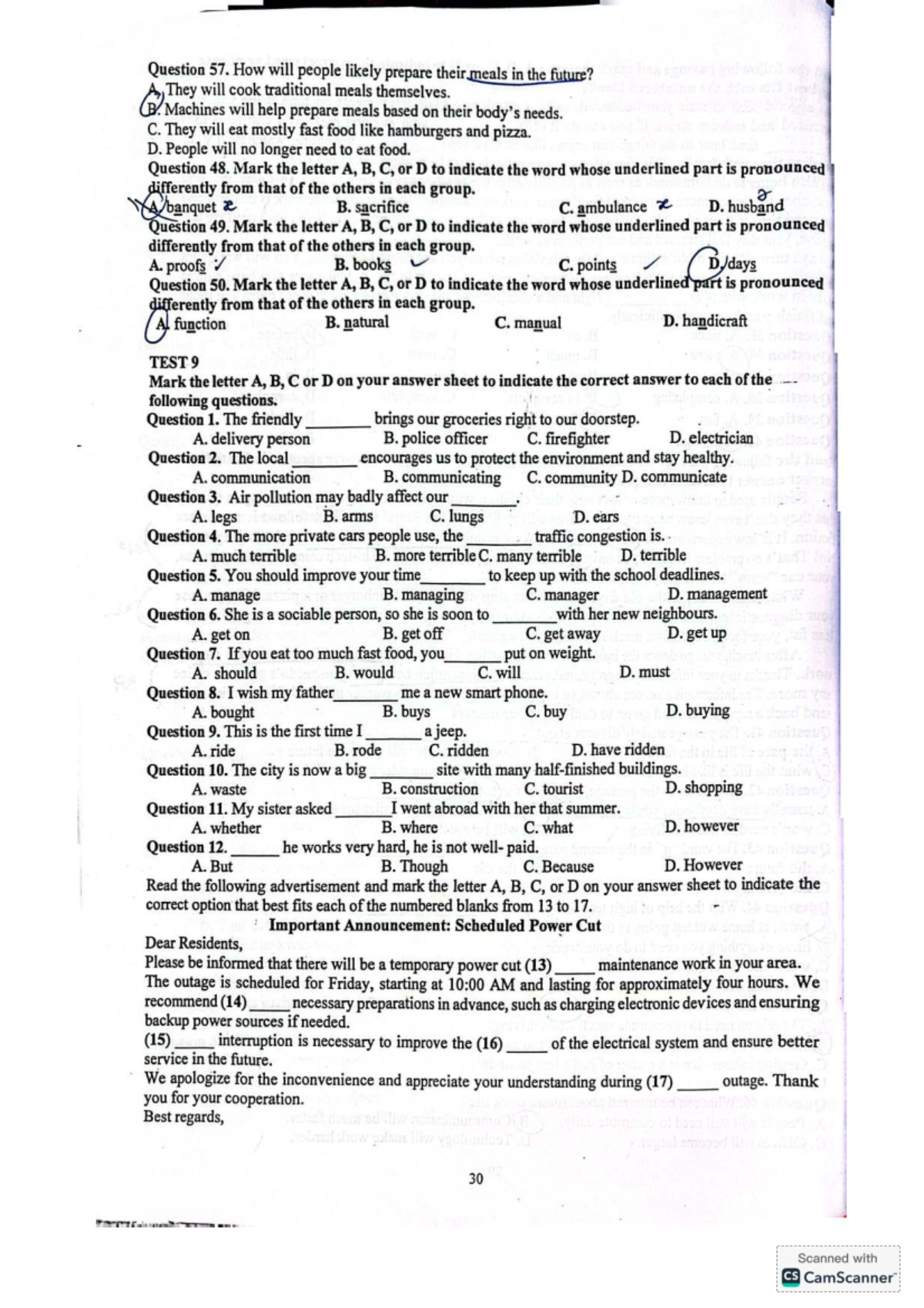 English Language Test 10: Questions and Answers - Studocu