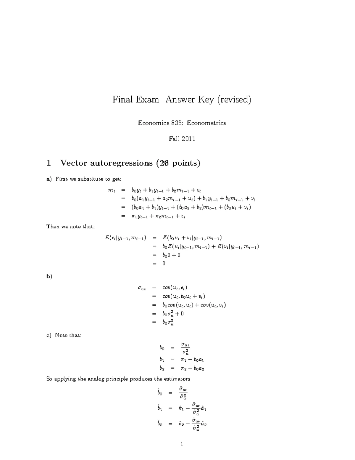 Fall 2011 Midterm Exam Answer Key - Midterm Answer Key Economics 835 ...