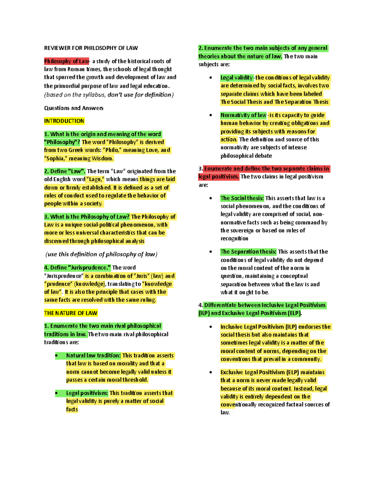 REVIEWER FOR PHIL 101: PHILOSOPHY OF LAW AND LEGAL THOUGHT - Studocu