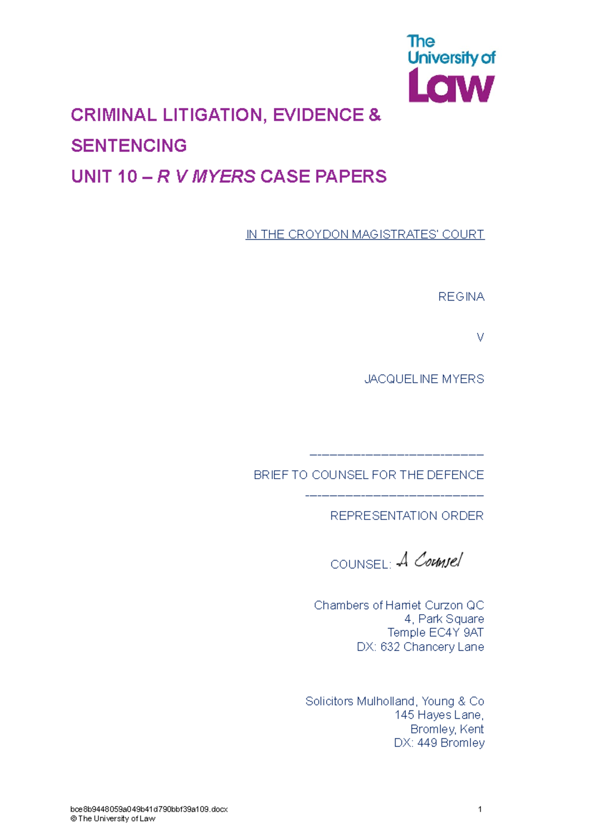 R V Myers Case Papers - Criminal Litigation & Evidence Unit 10 - Studocu