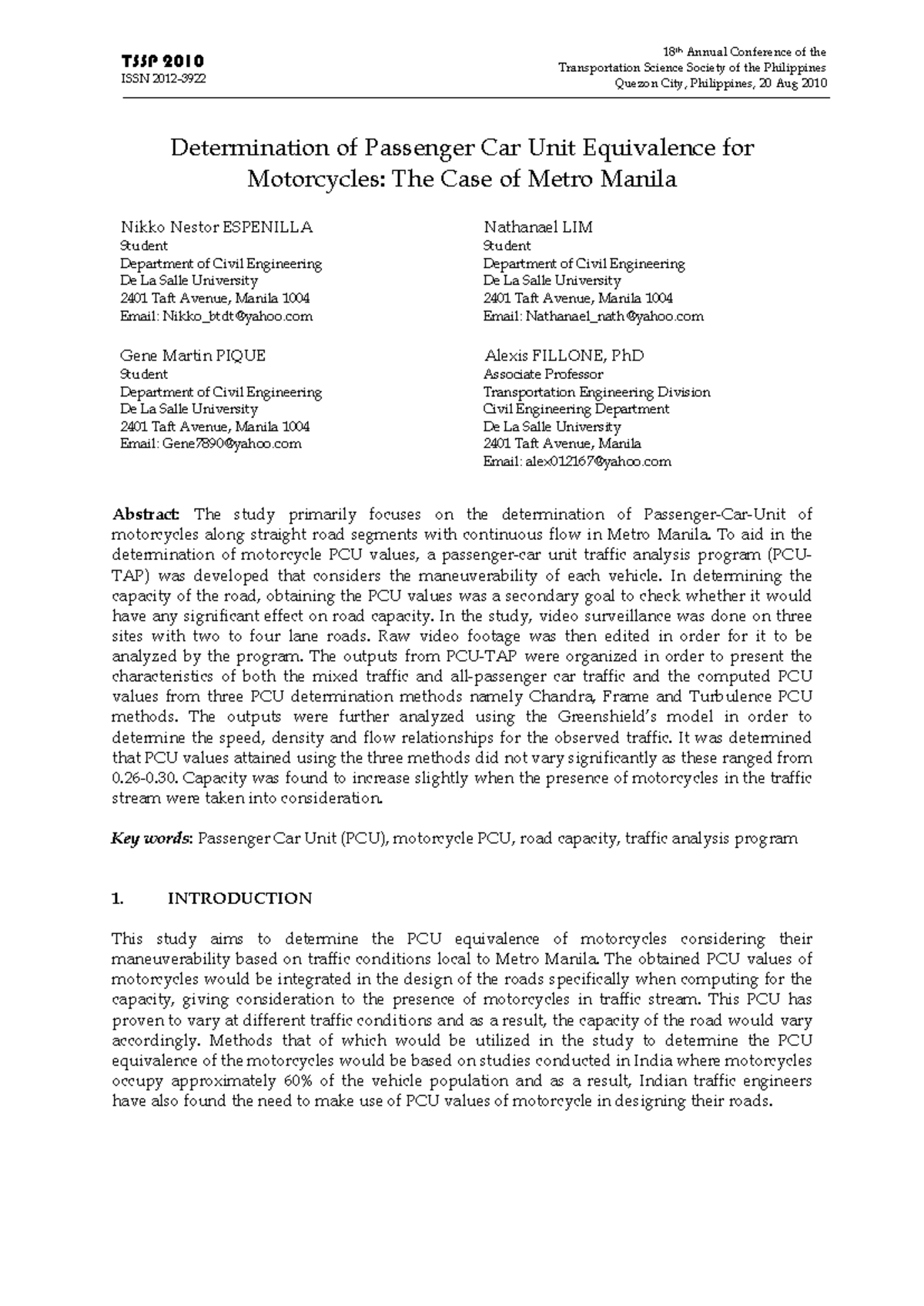 TSSP 2010: PCU Equivalence for Motorcycles in Metro Manila - Studocu