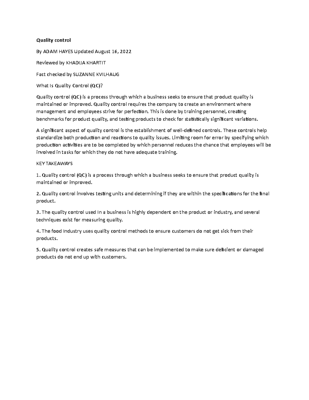 Quality Control and Waste Disposal: Key Concepts and Definitions - Studocu