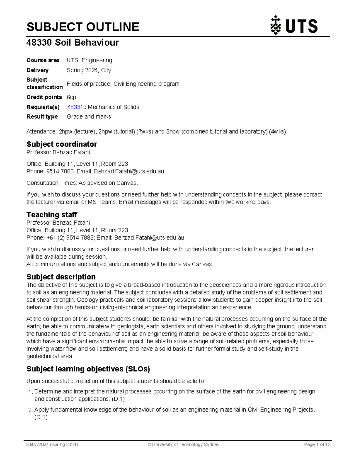48330 Subject Outline: Understanding Soil Behaviour in Engineering ...