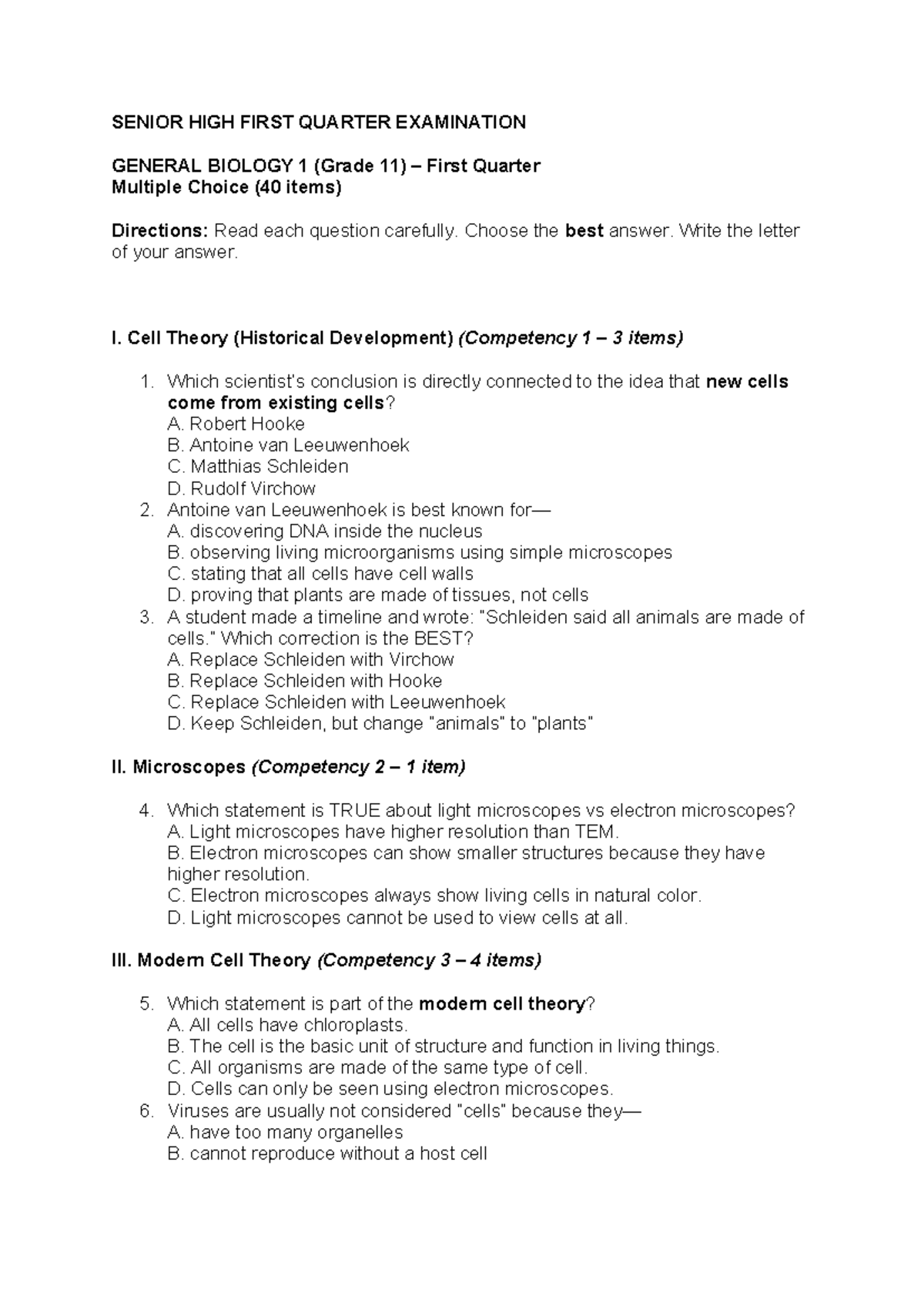SENIOR HIGH GENERAL BIOLOGY 1 (Grade 11) FIRST QUARTER EXAM - Studocu