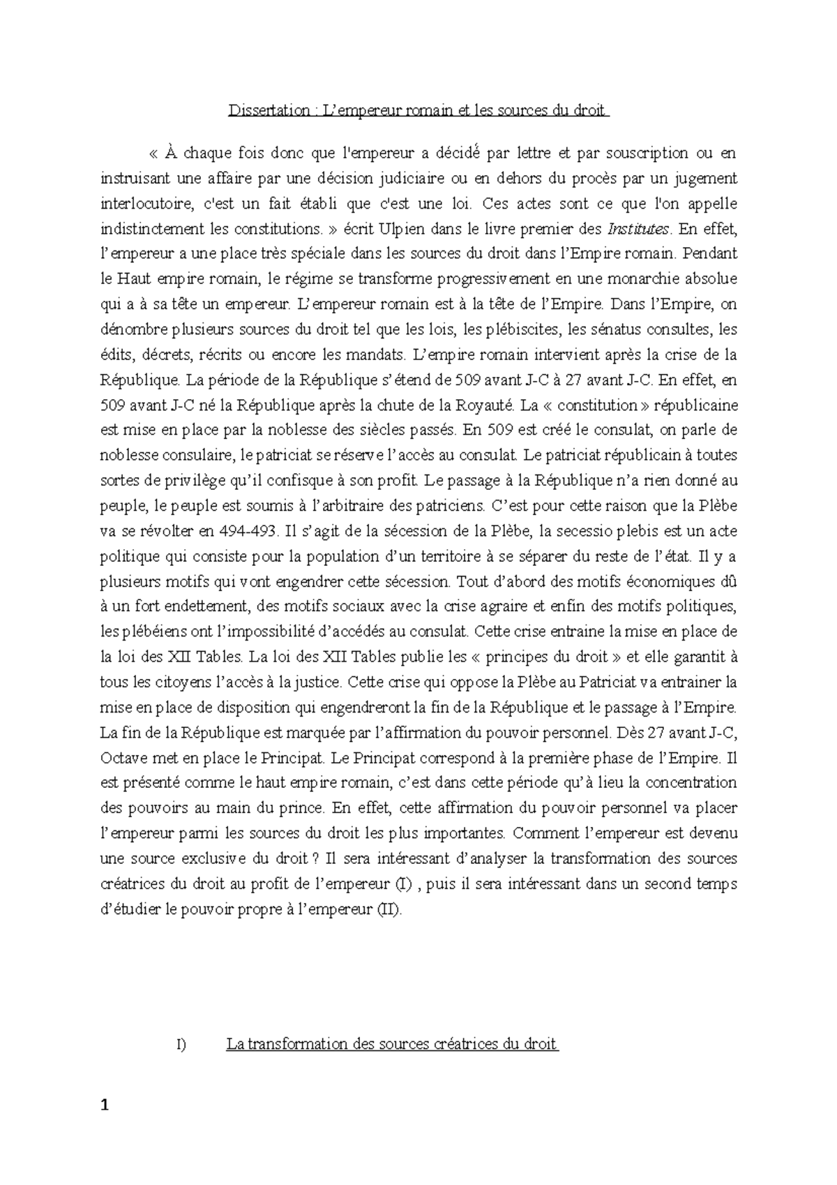 Dissertation : L'Empereur Romain et les Sources du Droit (DR 101) - Studocu