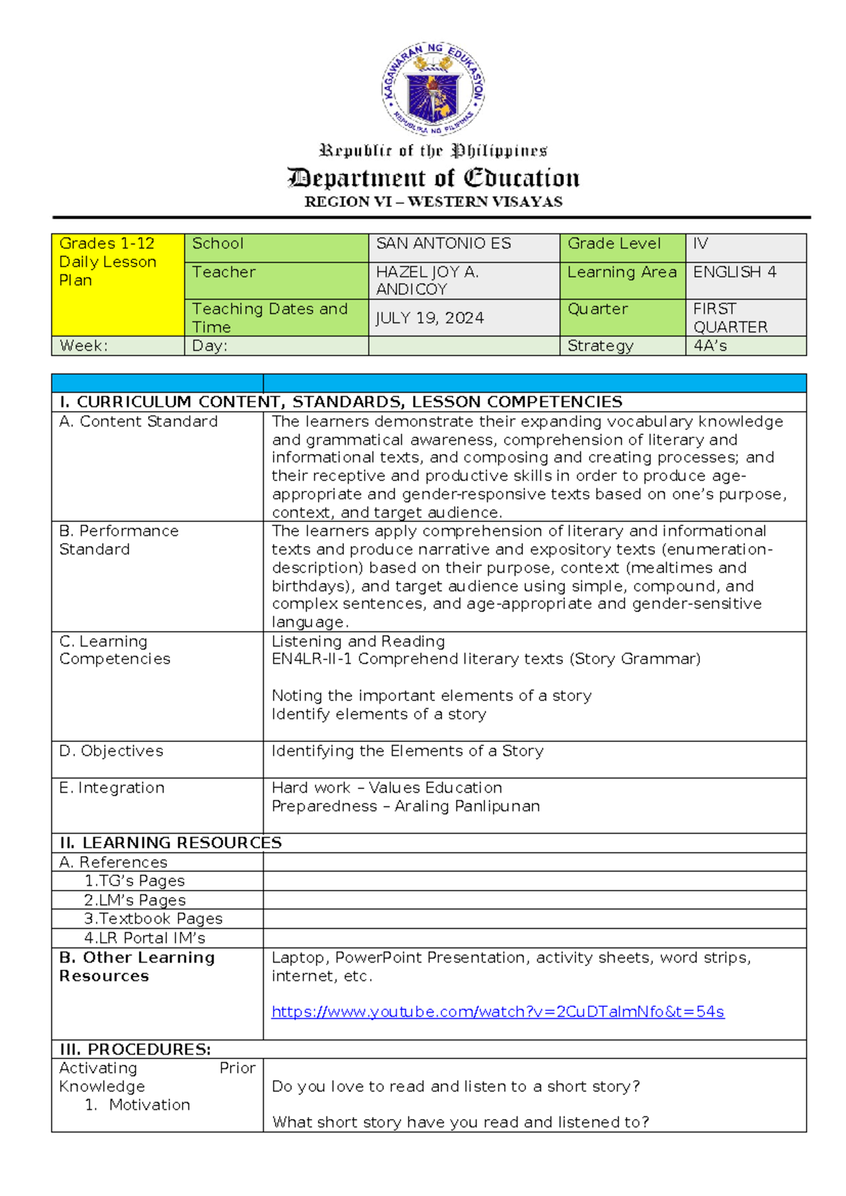 Sample Daily Lesson Plan for English 4 (Grade IV) - Week of July 19 ...