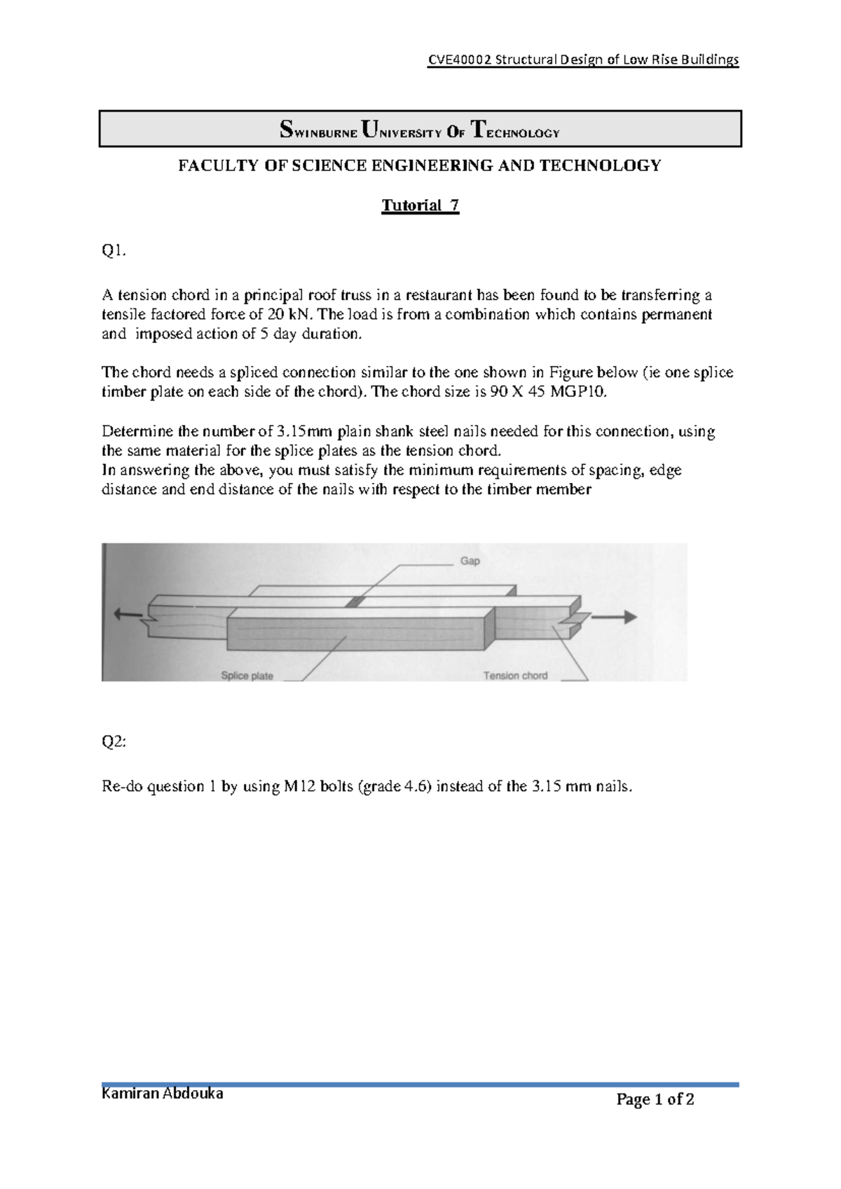 CVE40002 Tutorial 7: Structural Design of Low Rise Buildings - Studocu