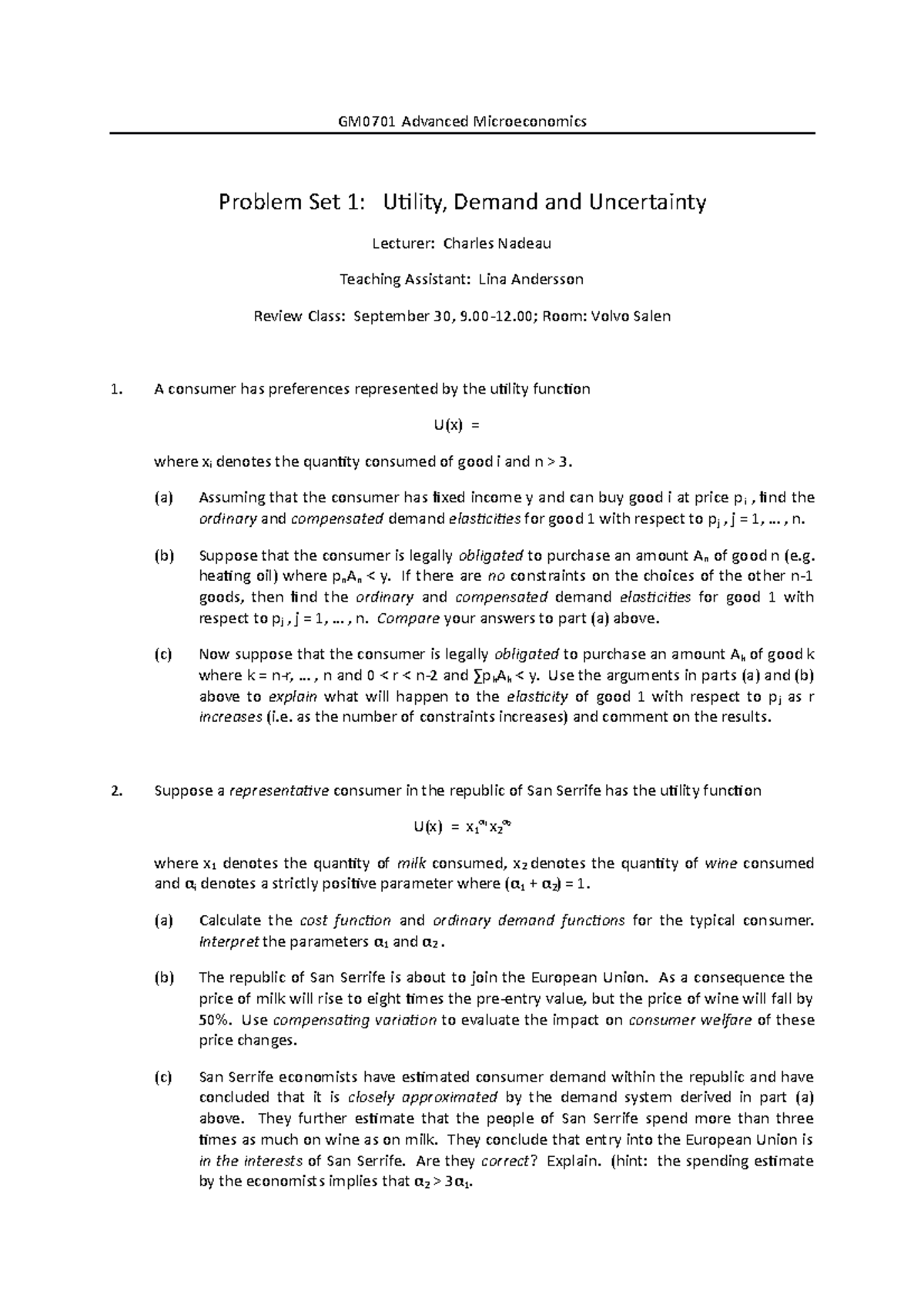 GM0701 Advanced Microeconomics - Problem Set 1: Utility & Demand ...